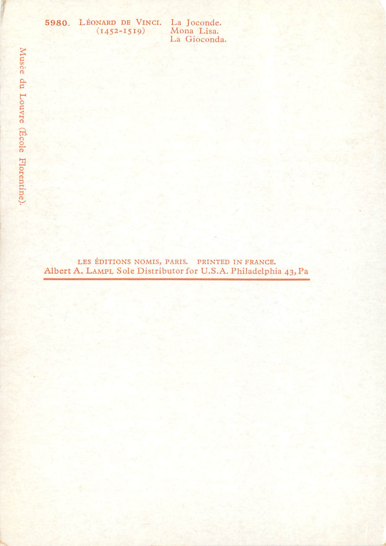 CPM Leonard de vinci (1452 1519) la joconde — Verso