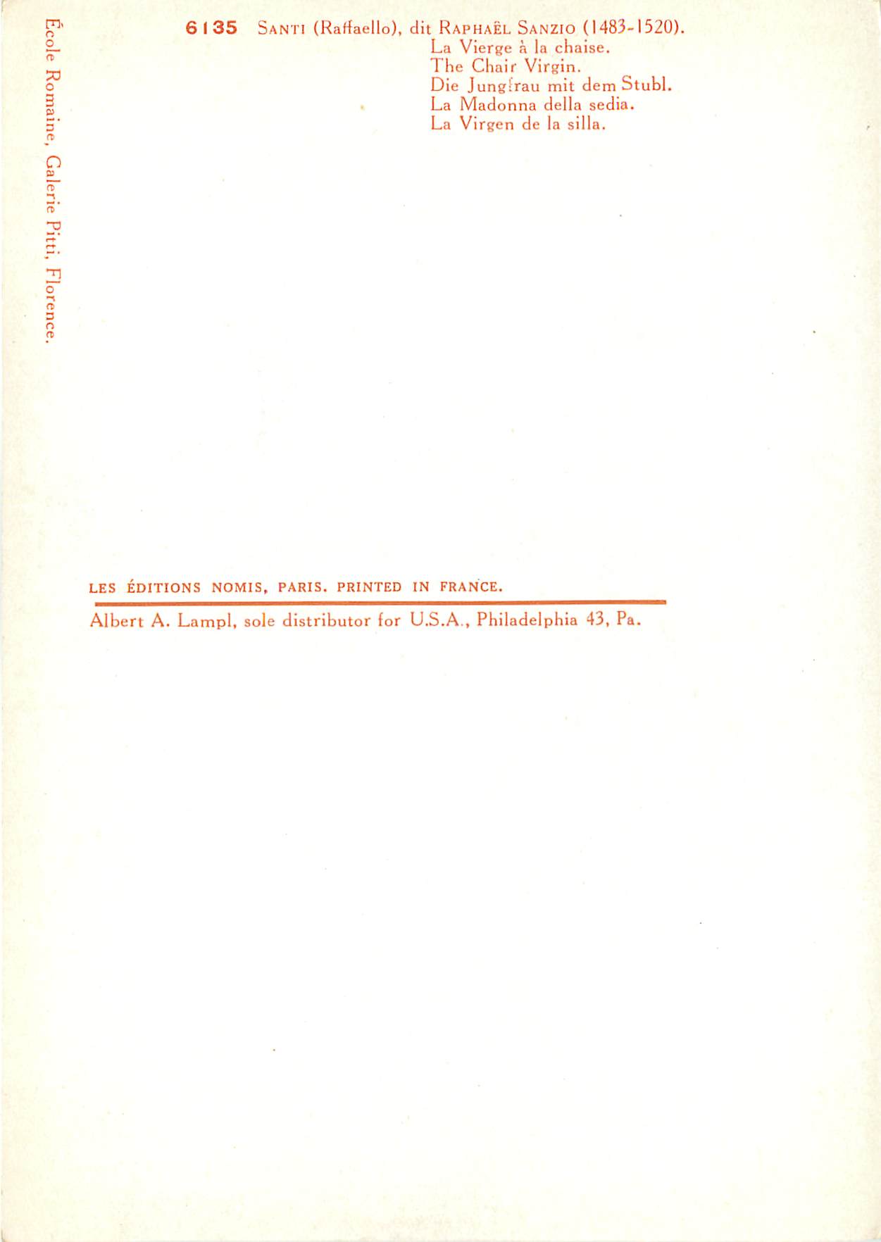 CPM Santi (rafaello) dit raphael sanzio (1483 1520) la vierge a la choise — Verso