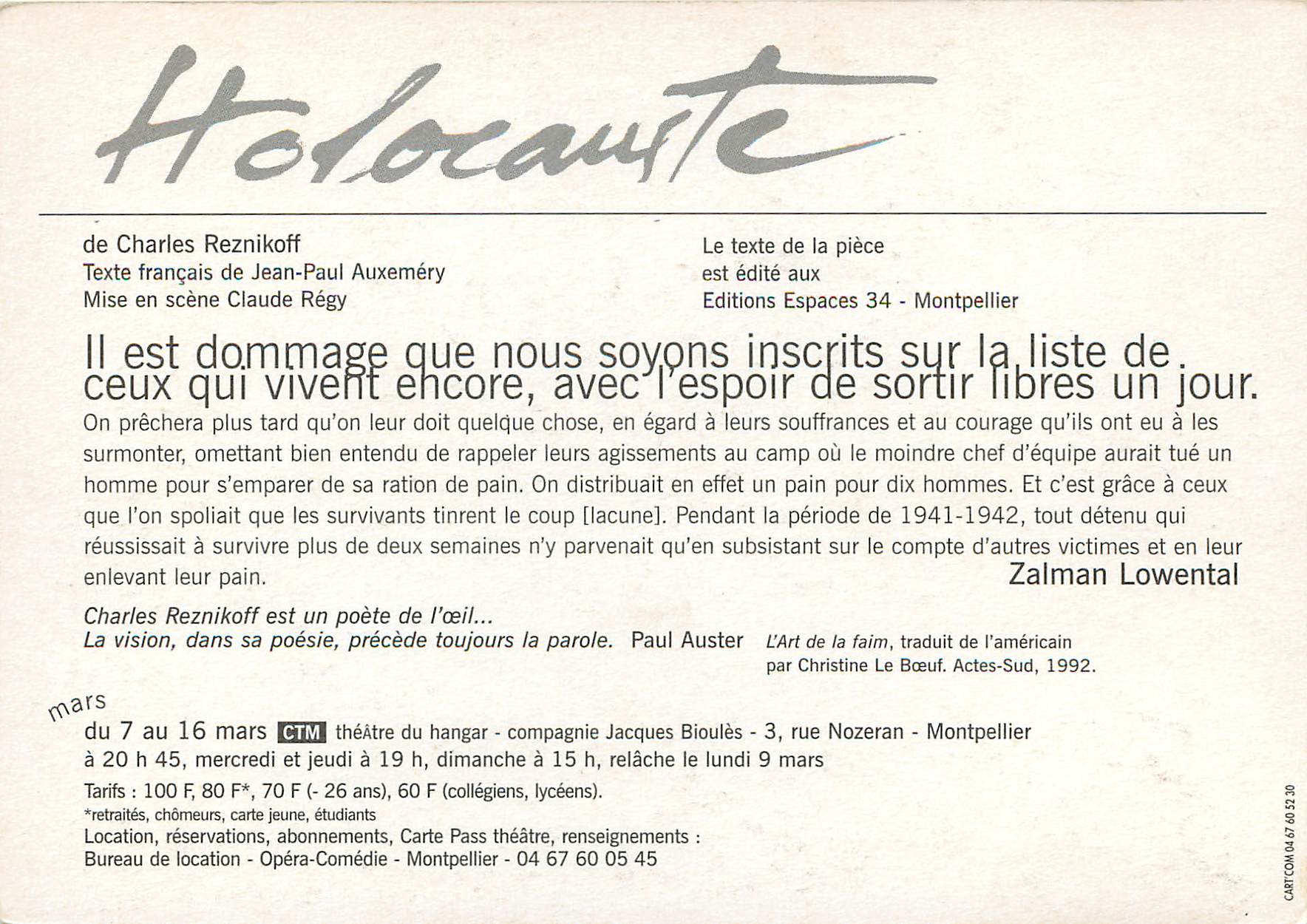 CPM Holocauste Charles Reznikoff Theatre du hangar Rue de Nozeran Montpellier — Rückseite