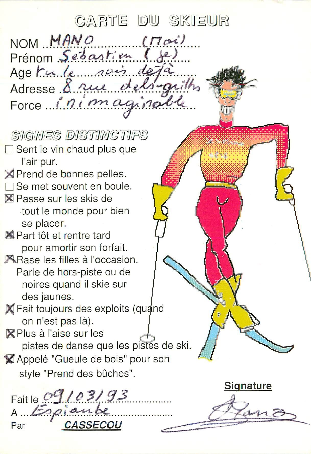 CPM Carte du skieurs Sebastien Mano 