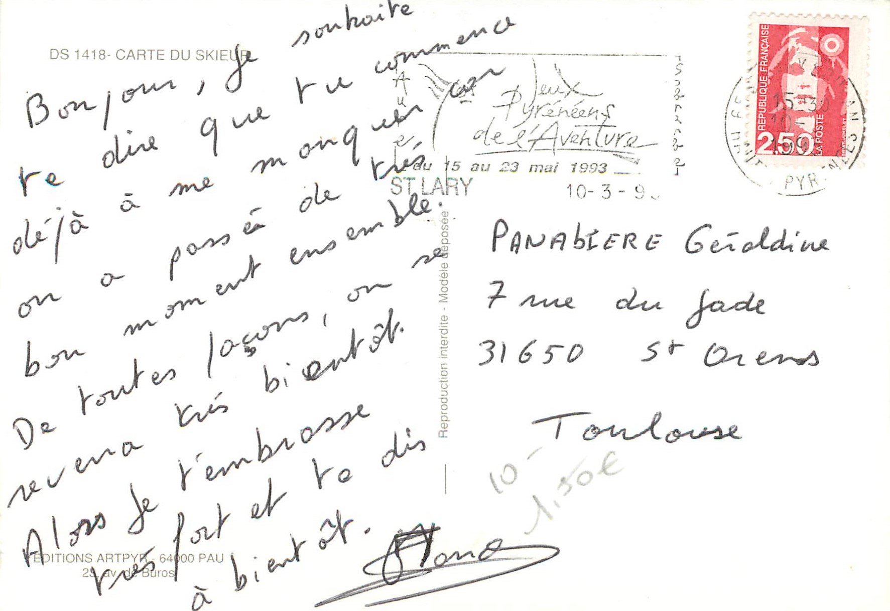 CPM Carte du skieurs Sebastien Mano  — Verso