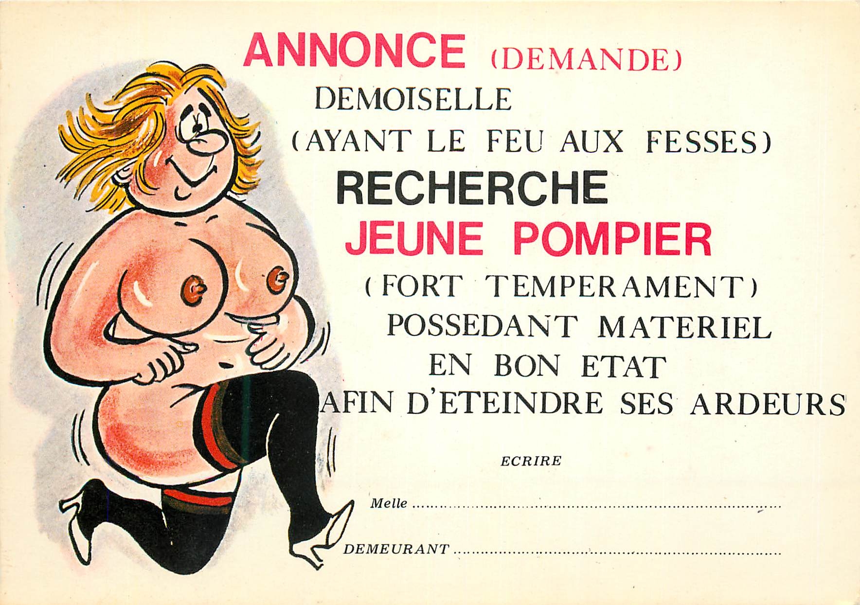 CPM Annonce demande demoiselle (ayant le feu aux fesses) recherche Jeune pompier