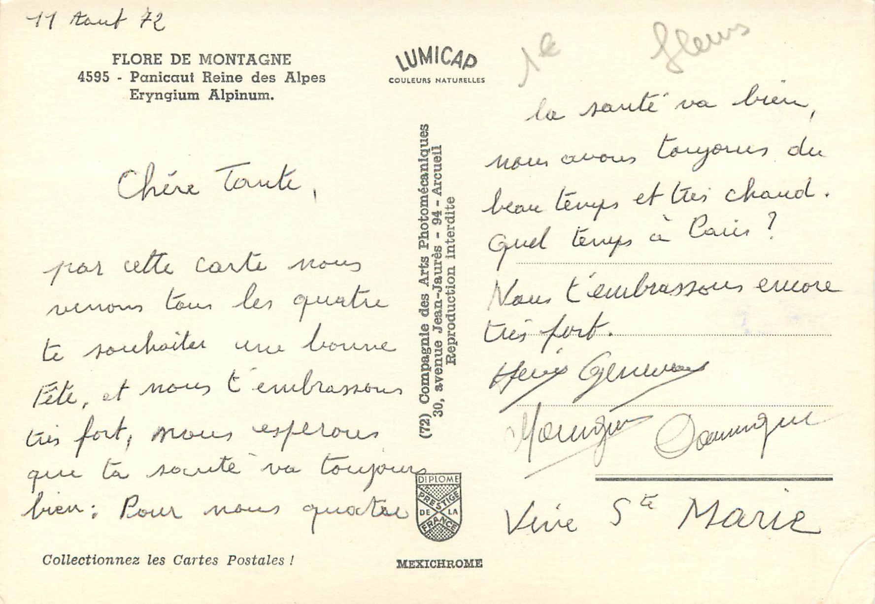 CPM Flore de montagne panicaul reine des alpes eryngium alpinum — Verso