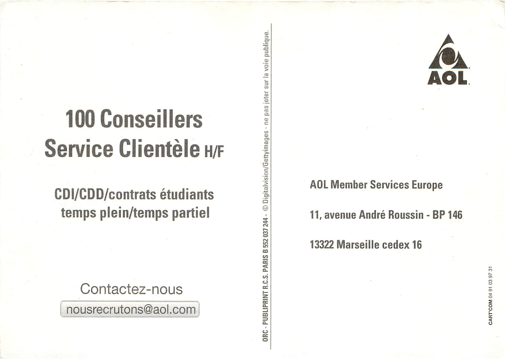 CPM AOL Marseille recrute 100 conseillers service clientele H et f — Rückseite