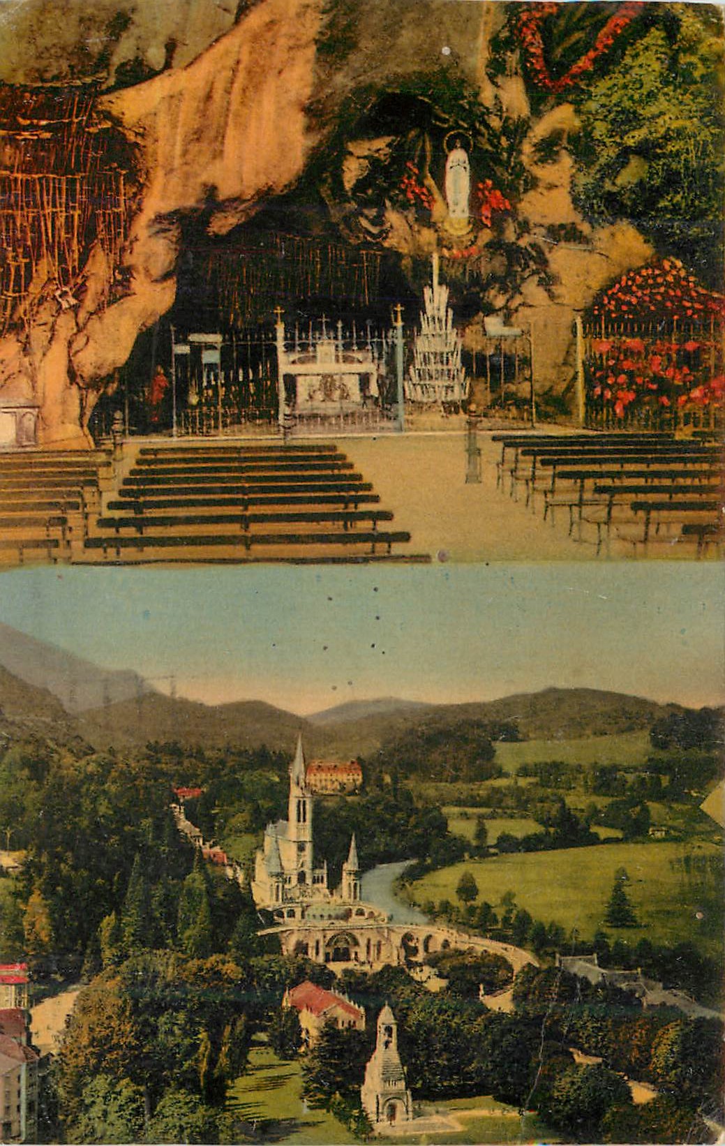 CPA Souvenir de Lourdes la grotte et la basilique