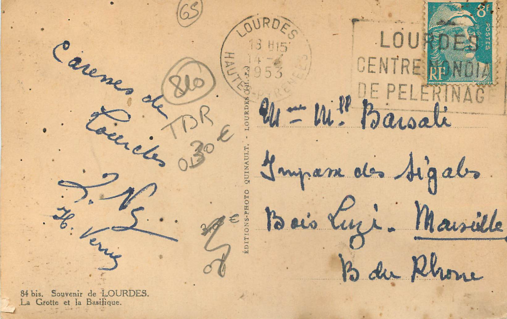 CPA Souvenir de Lourdes la grotte et la basilique — Verso