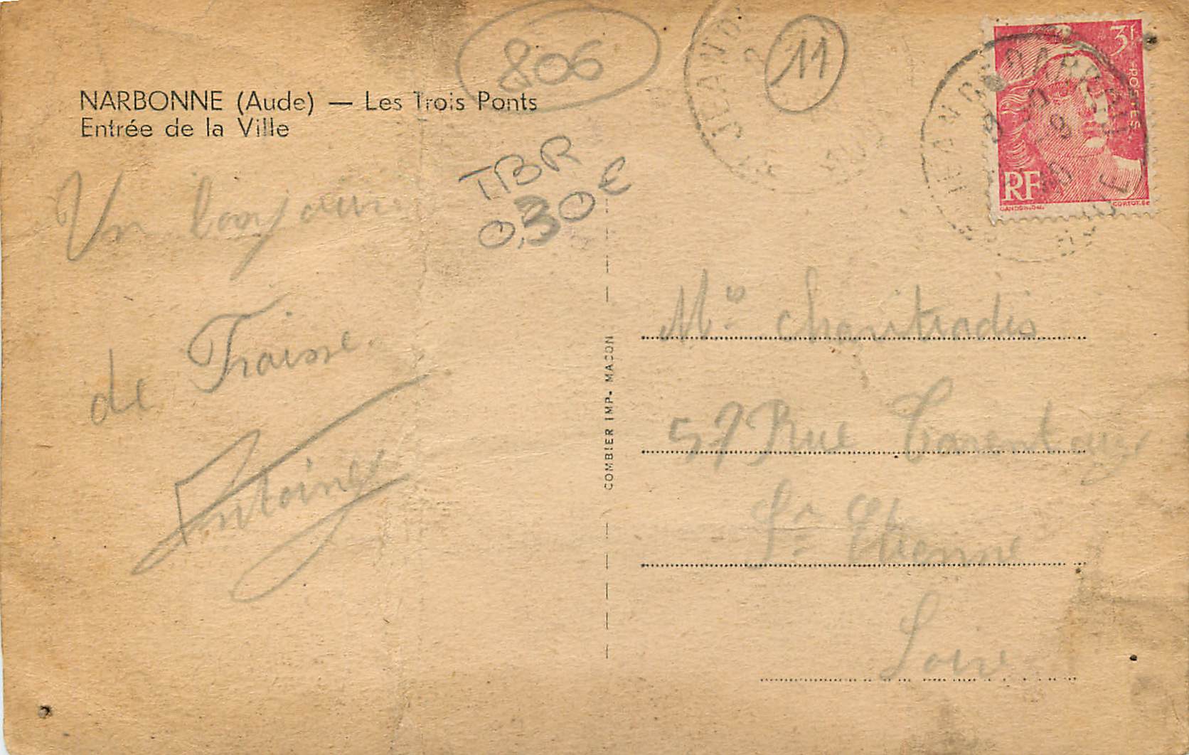 Narbonne (Aude) — Entrée de la Ville — Les Trois Ponts — Éditeur Comblier — Reverso
