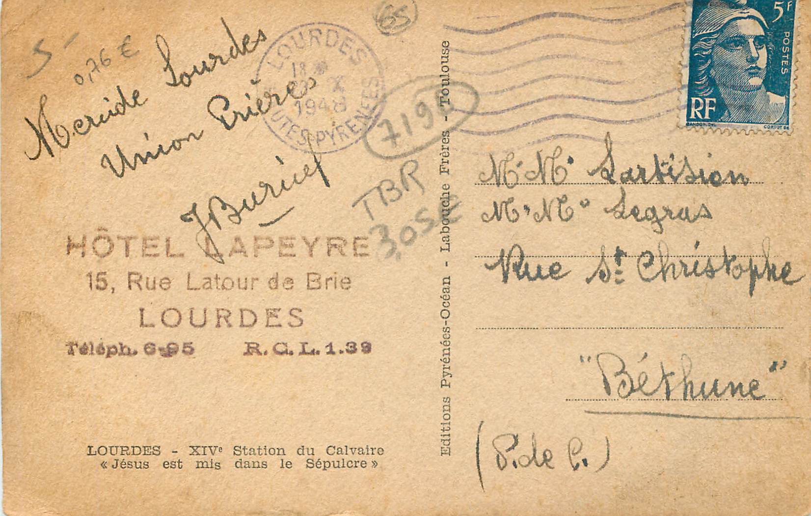 CPA Lourdes XIV station du calvaire jesuss est mis dans le sepuicre — Verso