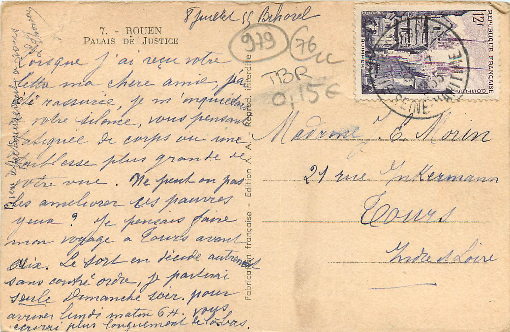 CPA Rouen palais de justice Sainte bernadette Preiz pour nous — Verso