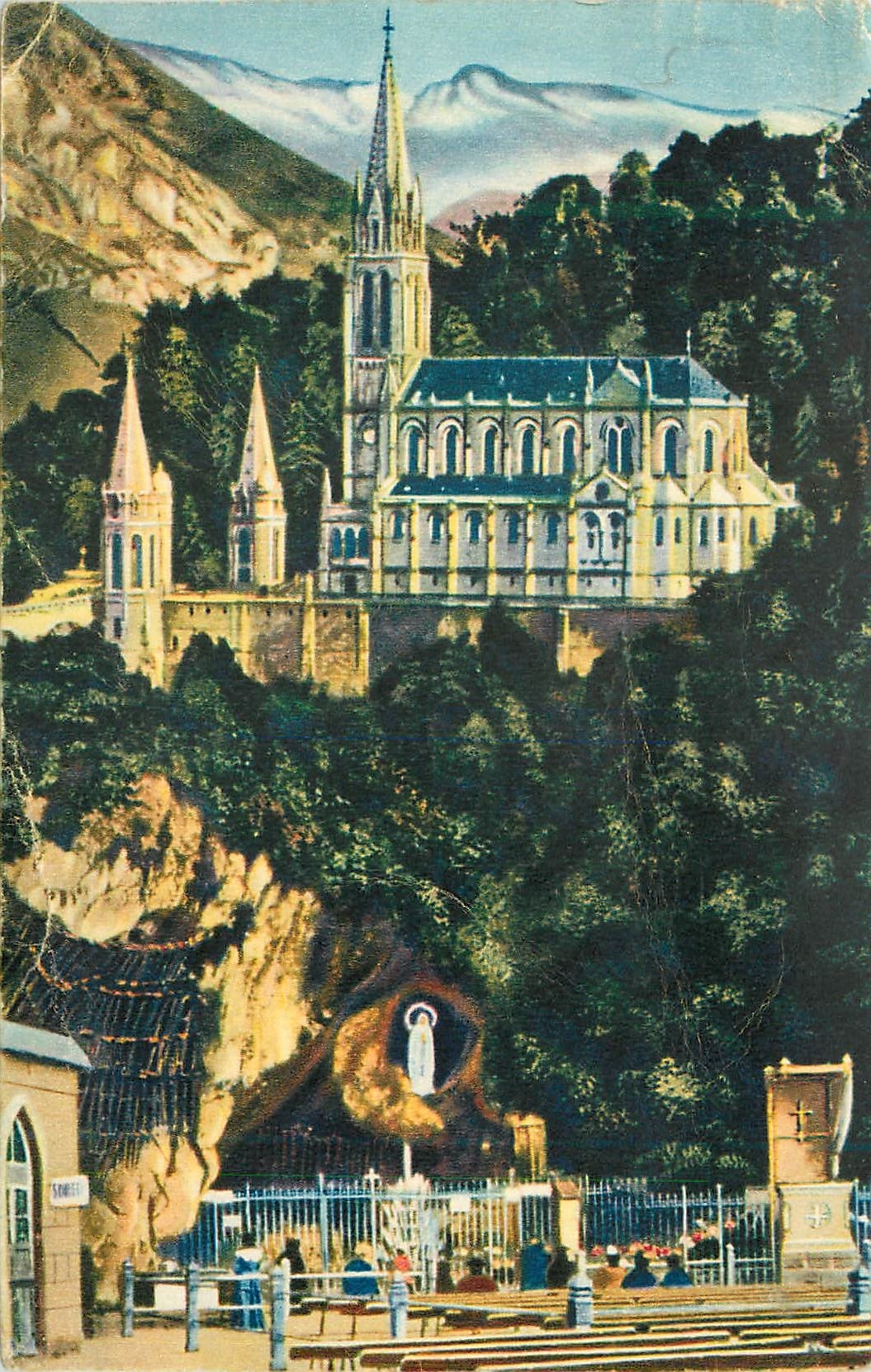 CPA Lourdes la grotte et la basilique P D