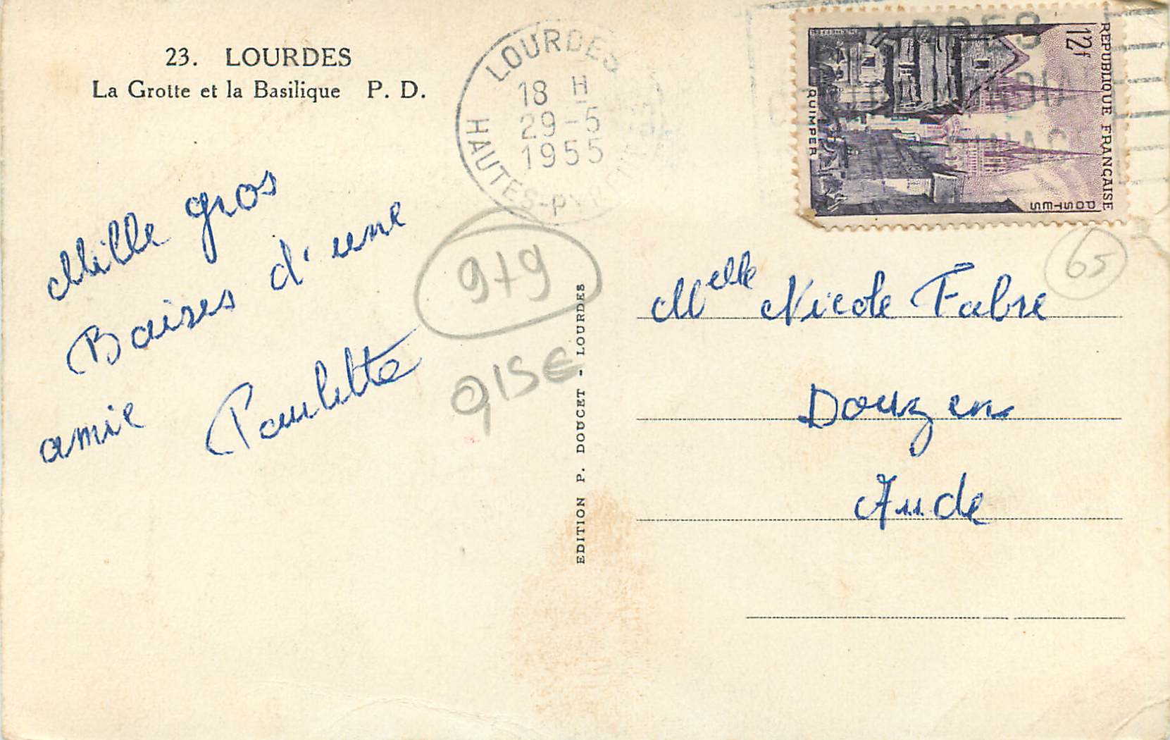 CPA Lourdes la grotte et la basilique P D — Verso