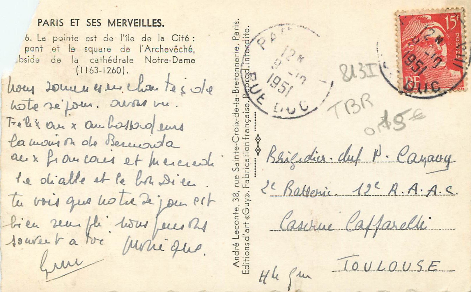 Notre-Dame de Paris — Pont de l'Archevêché — Éditeur Guy, n°6 de la série 'Paris et ses merveilles' — Verso