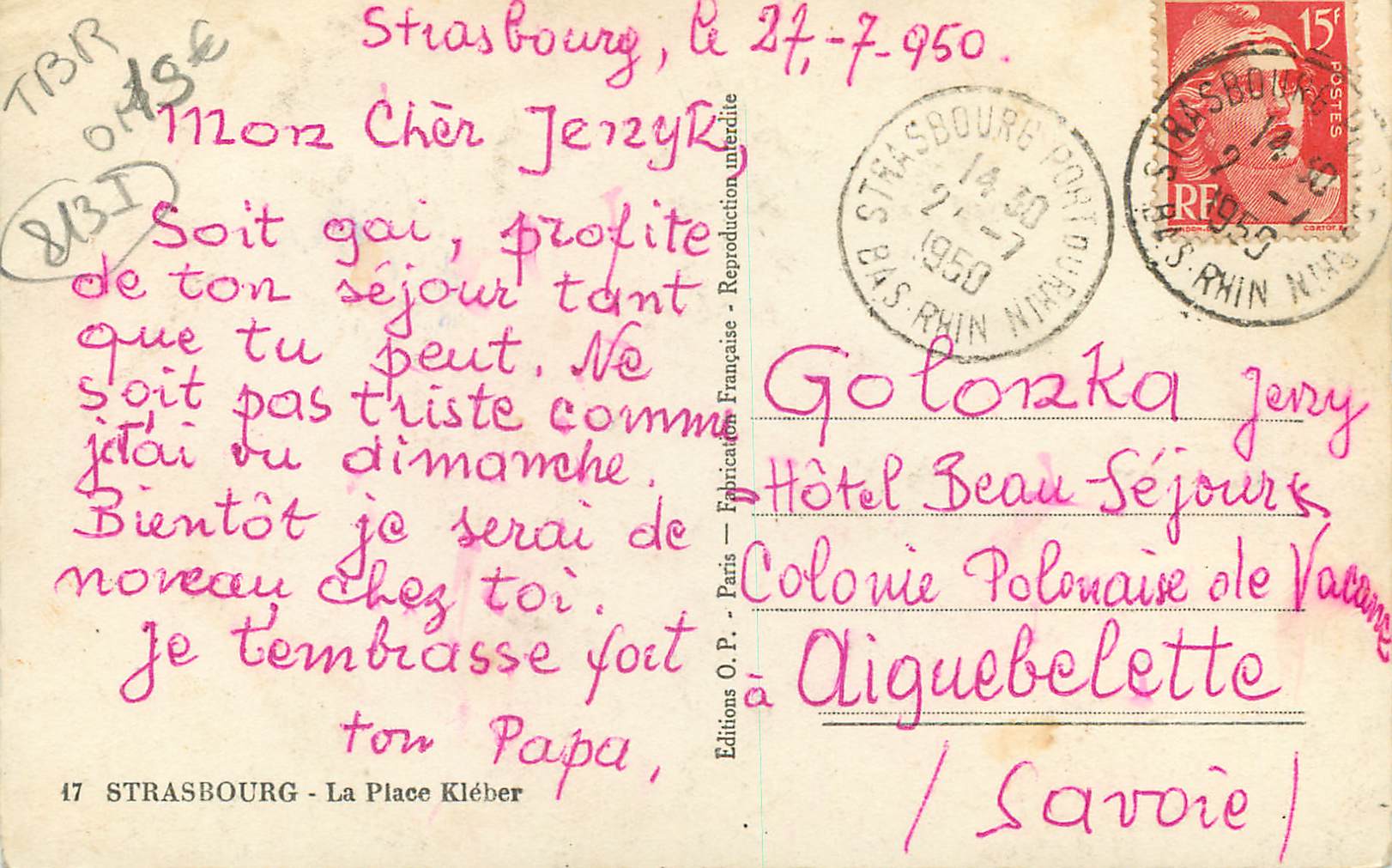 CPM Strasbourg la place kleber — Verso