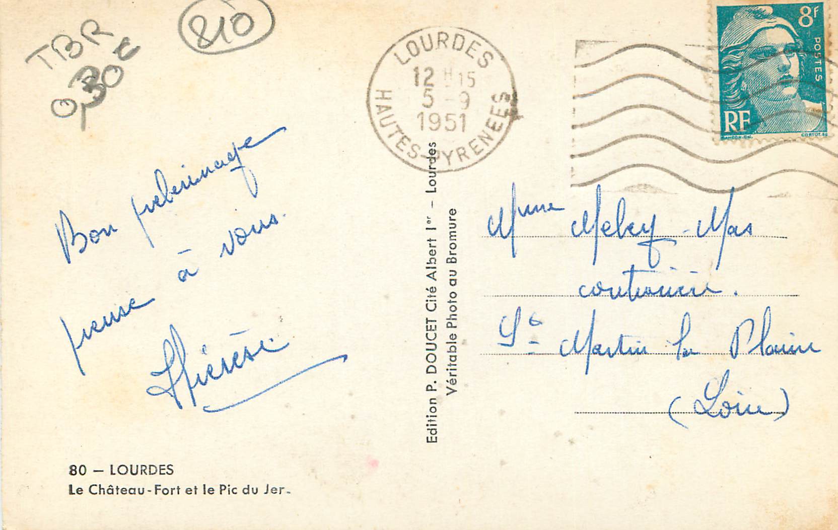 Le Château-Fort et le Pic du Jer — Lourdes — Édition P. DOUCET — Back