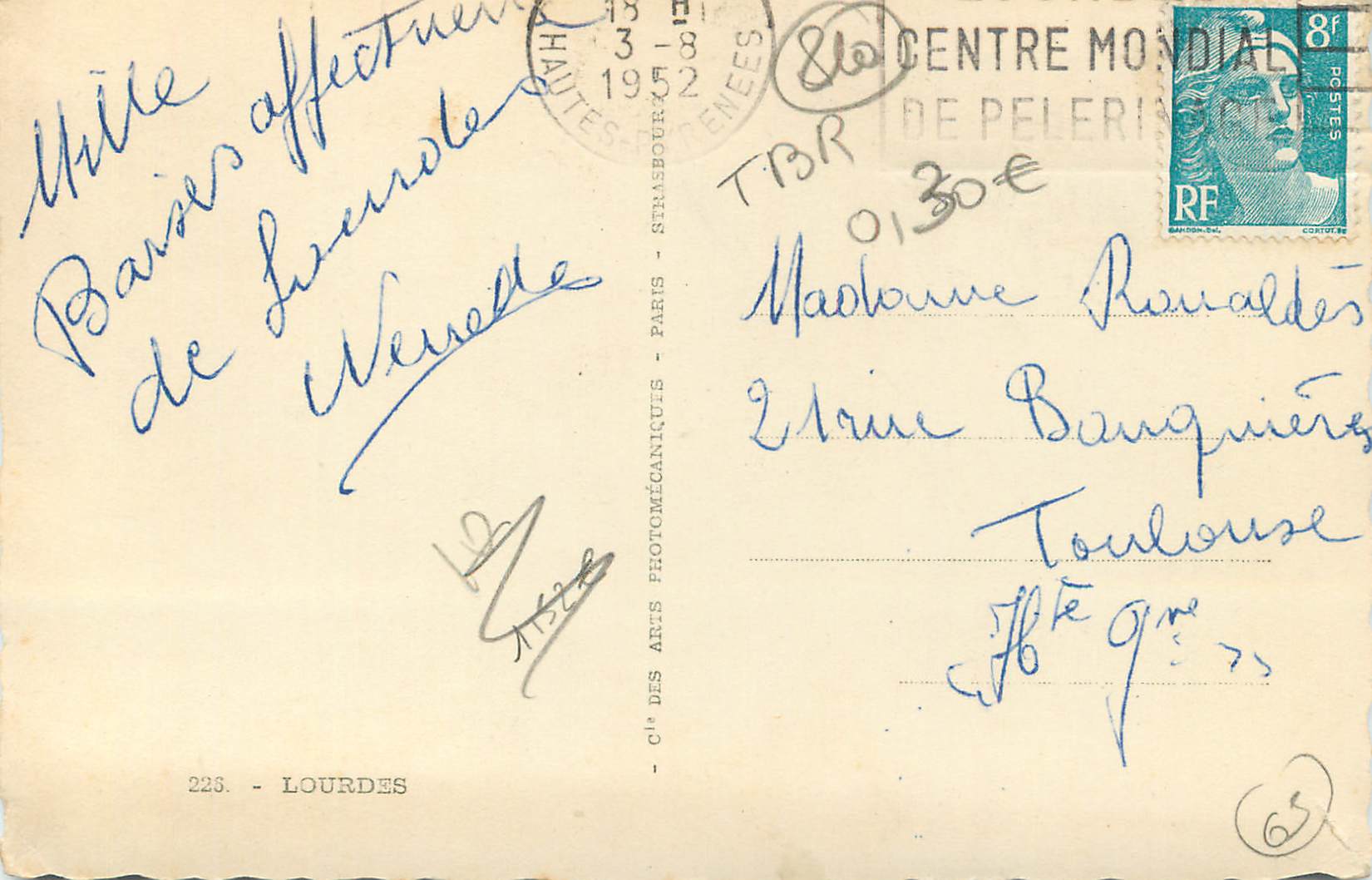 CPM Lourdes la grotte j'au prie pour vous — Verso