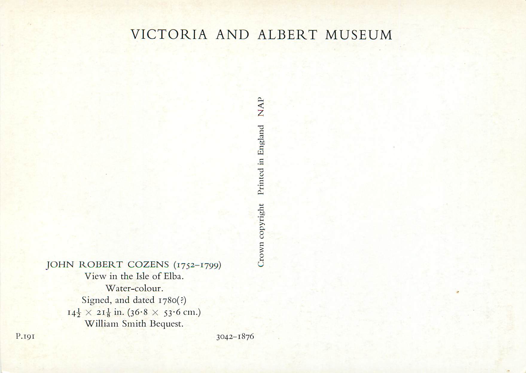 CPM Victoria and albet museum john robert cozens (1752 1799) view in the isle elba — Verso