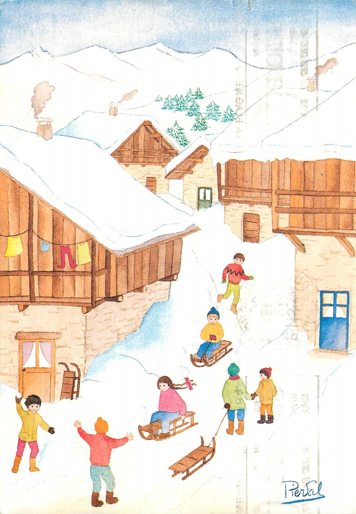 CPM Images de chez nous les bonnes luges aquarelle de pier val