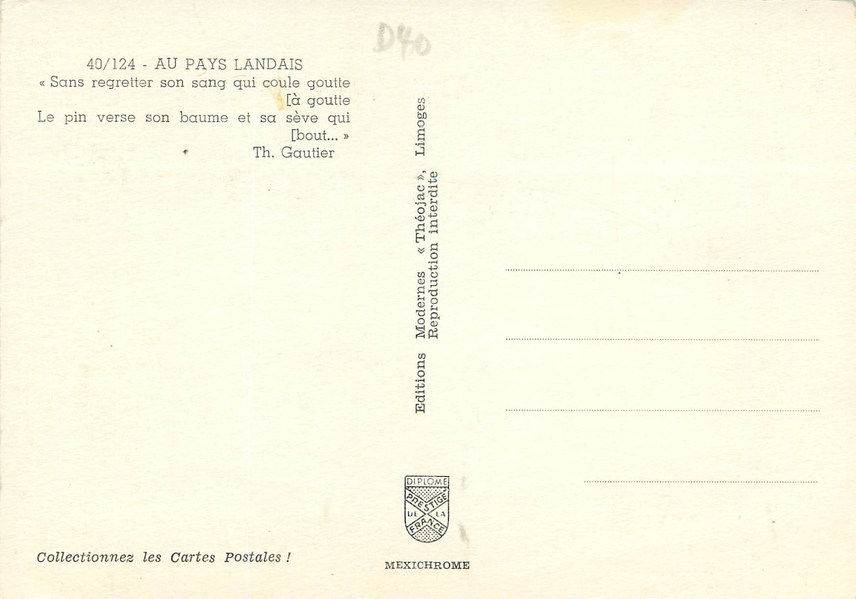 Pin de Landes — sa sève qui coule — éditeur IRIS, n° 40/124 — Rückseite