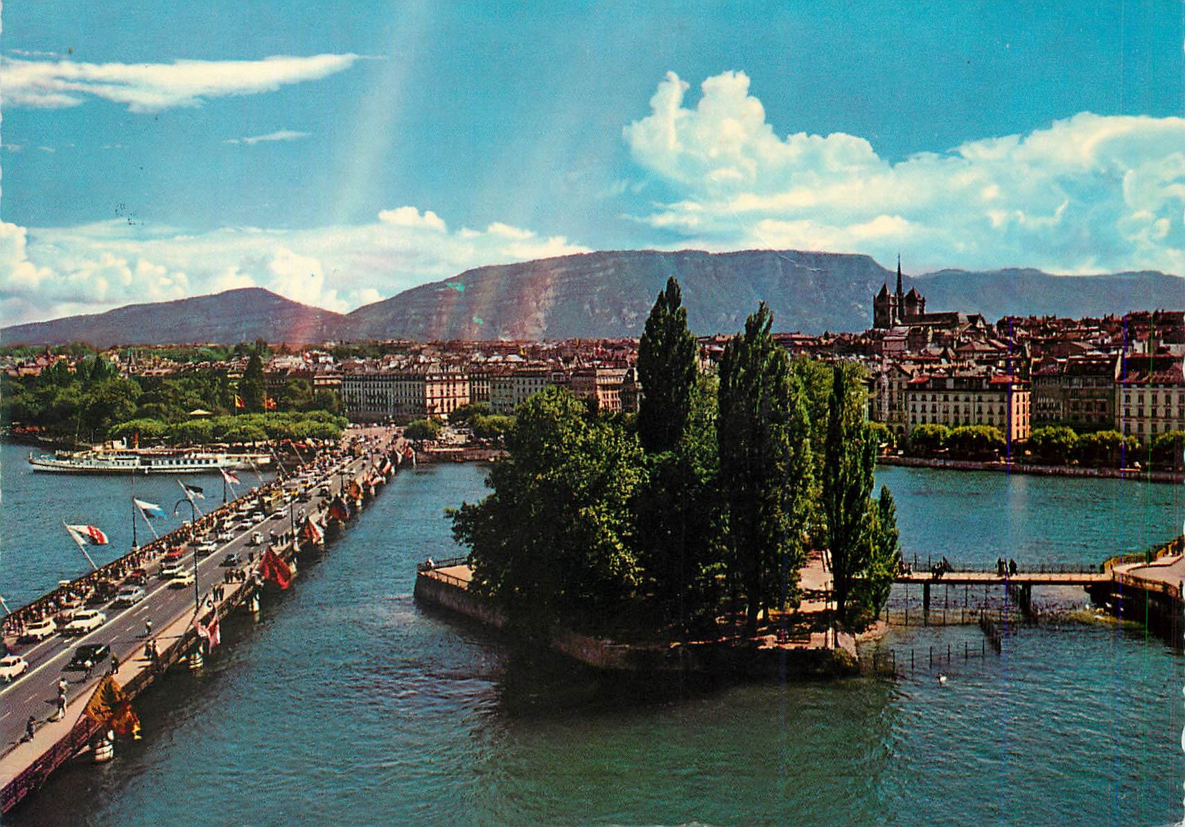CPM Geneve l'ile rousseau e la pont du mont blanc
