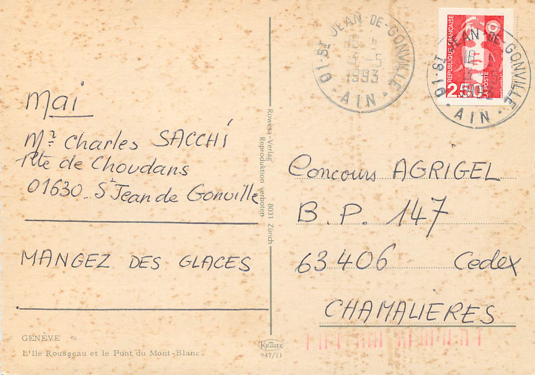 CPM Geneve l'ile rousseau e la pont du mont blanc — Rückseite