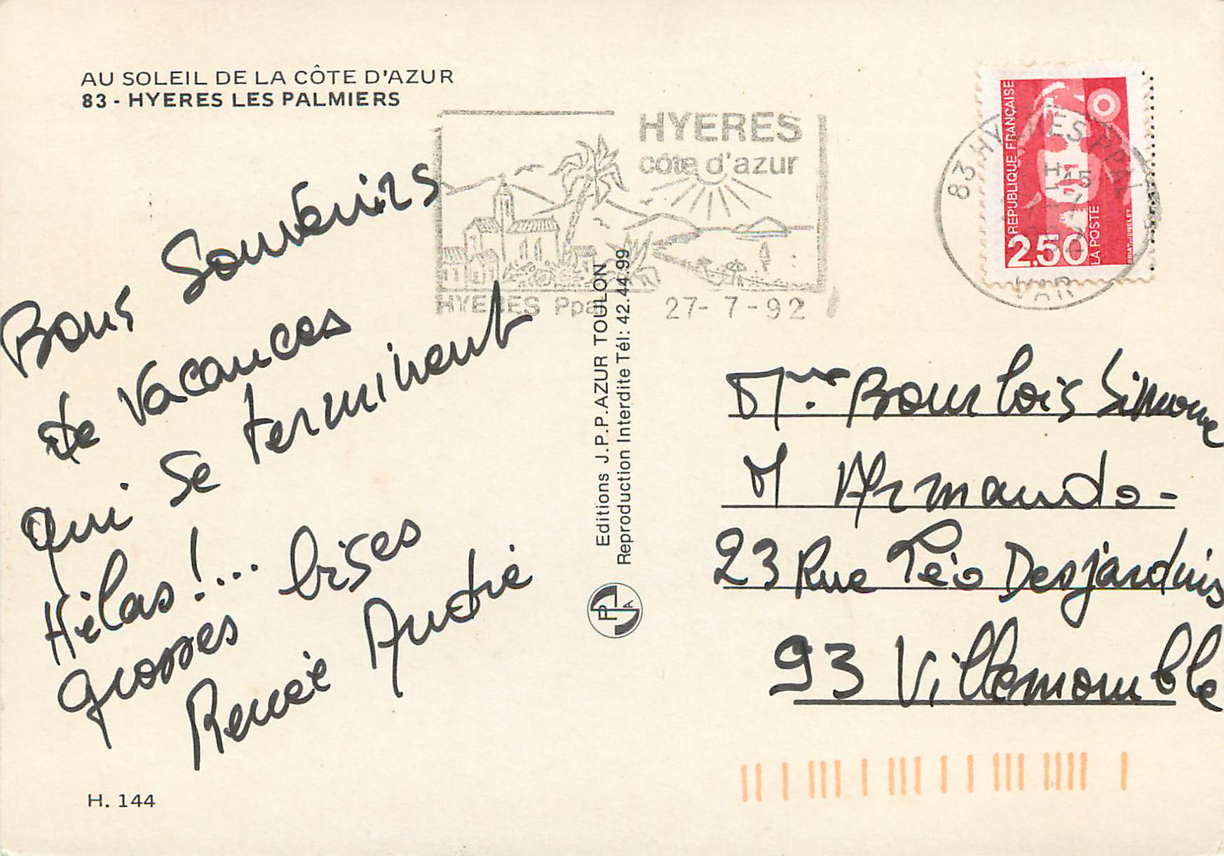 CPM Au soleil de la cote d'azur hyeres les palmiers — Rückseite