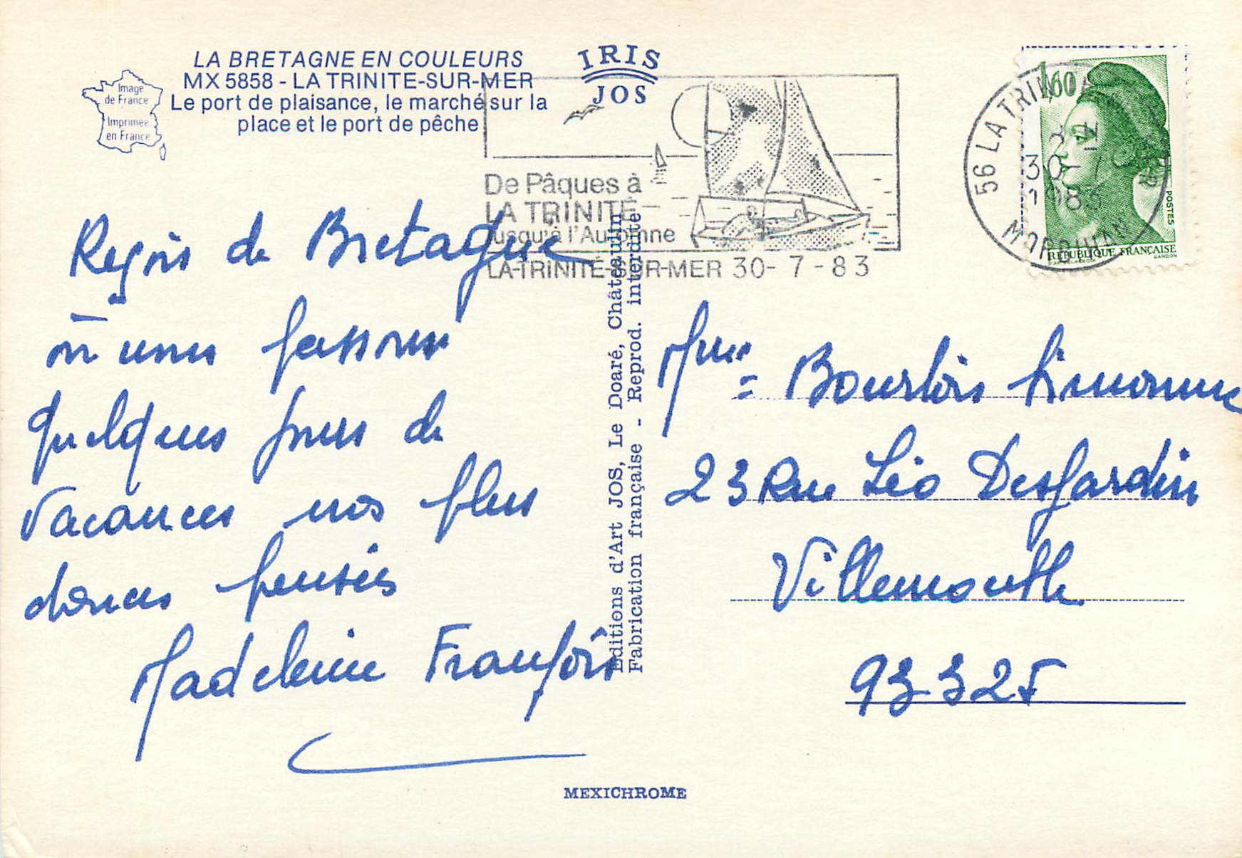 CPM La bretagne en couleur la trinite sur mer le port de plaisance le marche sur la place et le port de peche — Rückseite
