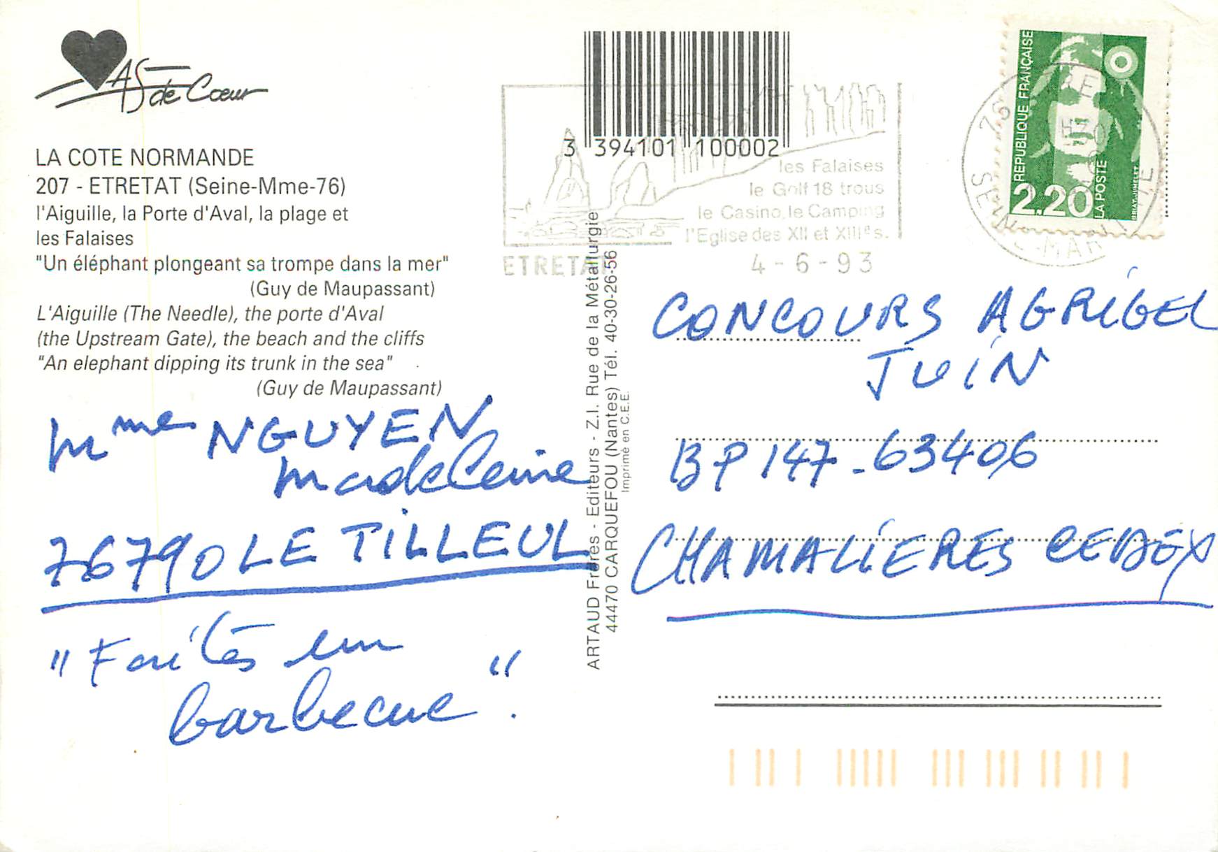 CPM La cote normande etretat (seine Mme) l'aiguille la porte d'aval la plage et les falaises — Rückseite