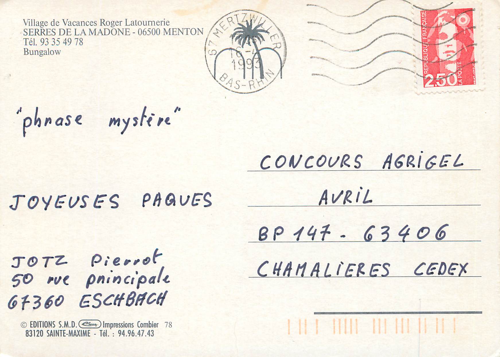 CPM Village de vacances roger latounerie serres de la madone Menton bungalow — Rückseite
