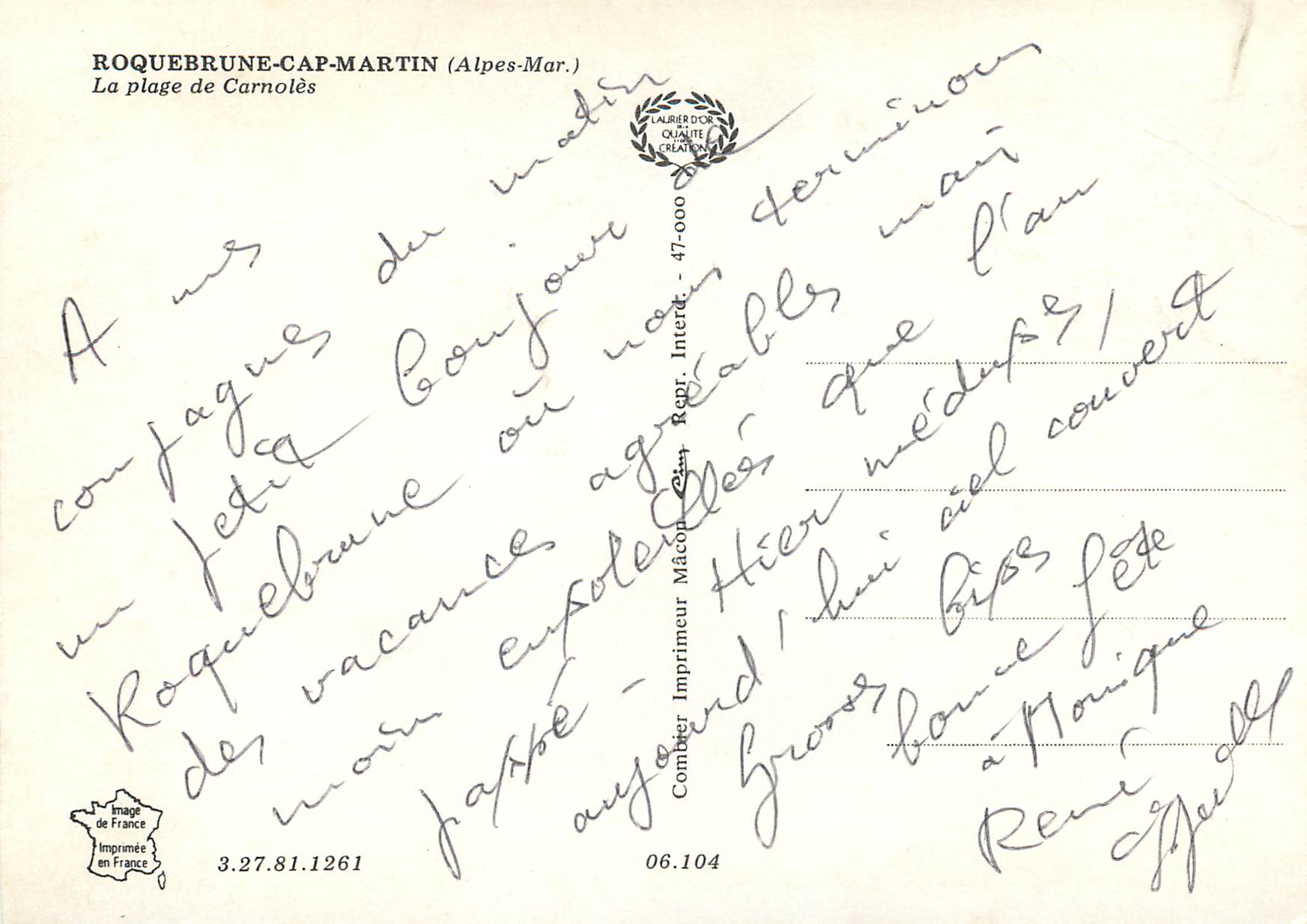 CPM Roquebrune cap martin (Alpes Mer la plage de carnoles Bateaux — Rückseite