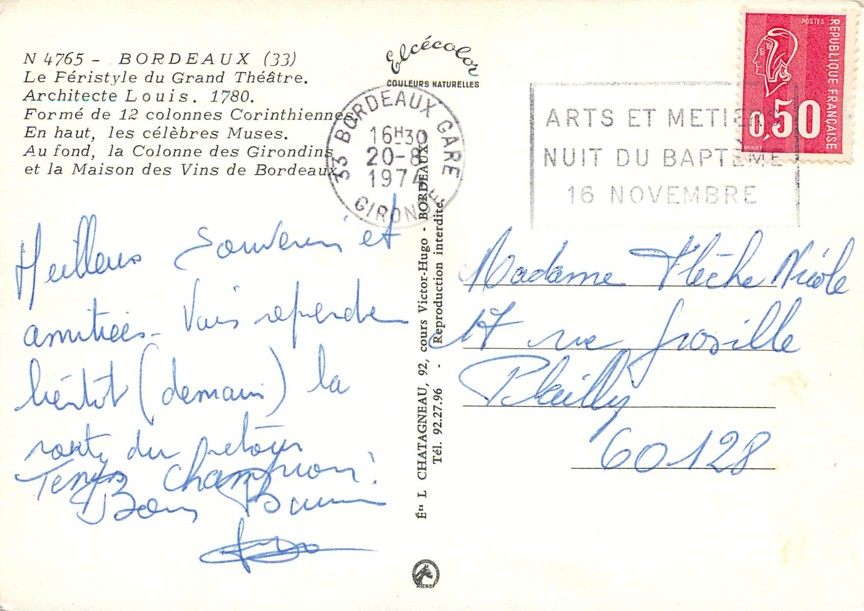 CPM Bordeaux le feristyle du grand theatre — Verso