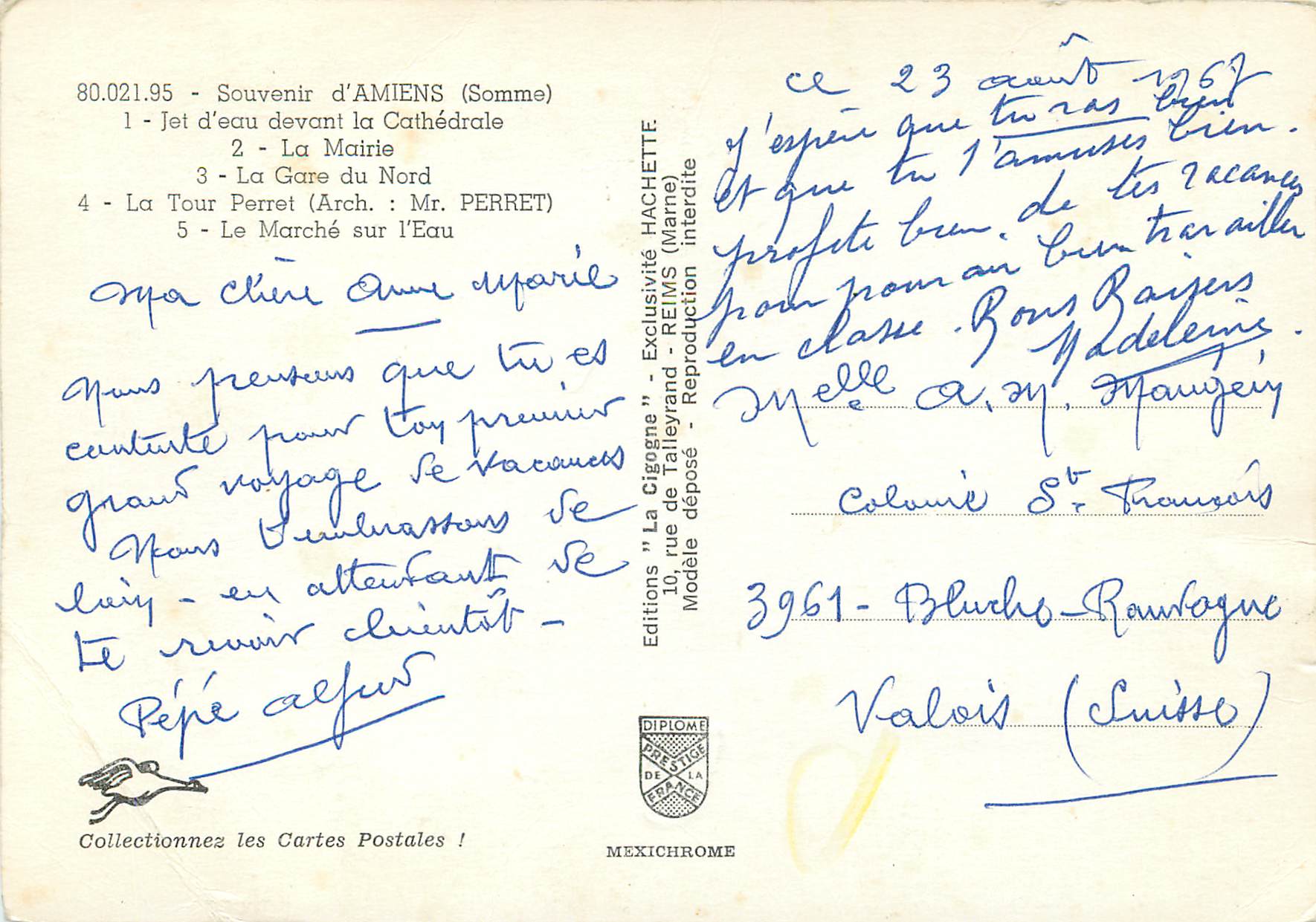 CPM Souvenir d'Amiens (somme) jet d'eau devant la cahtedrale la mairire la gare du nord — Back
