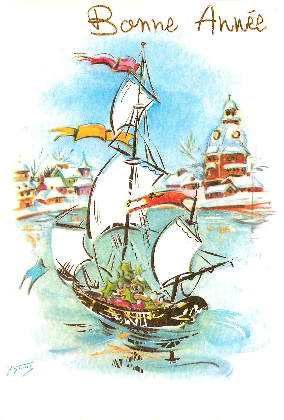 CPM Bonne annee Bateau