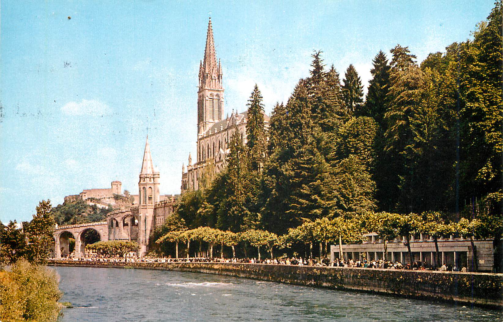CPM Lourdes basilique vue de dos et les piscines
