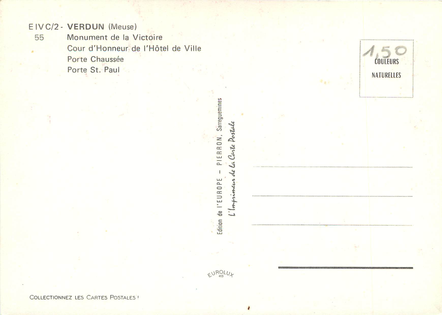 Verdun — vue panoramique — Édition de l'Europe, Sarreguemines — Rückseite