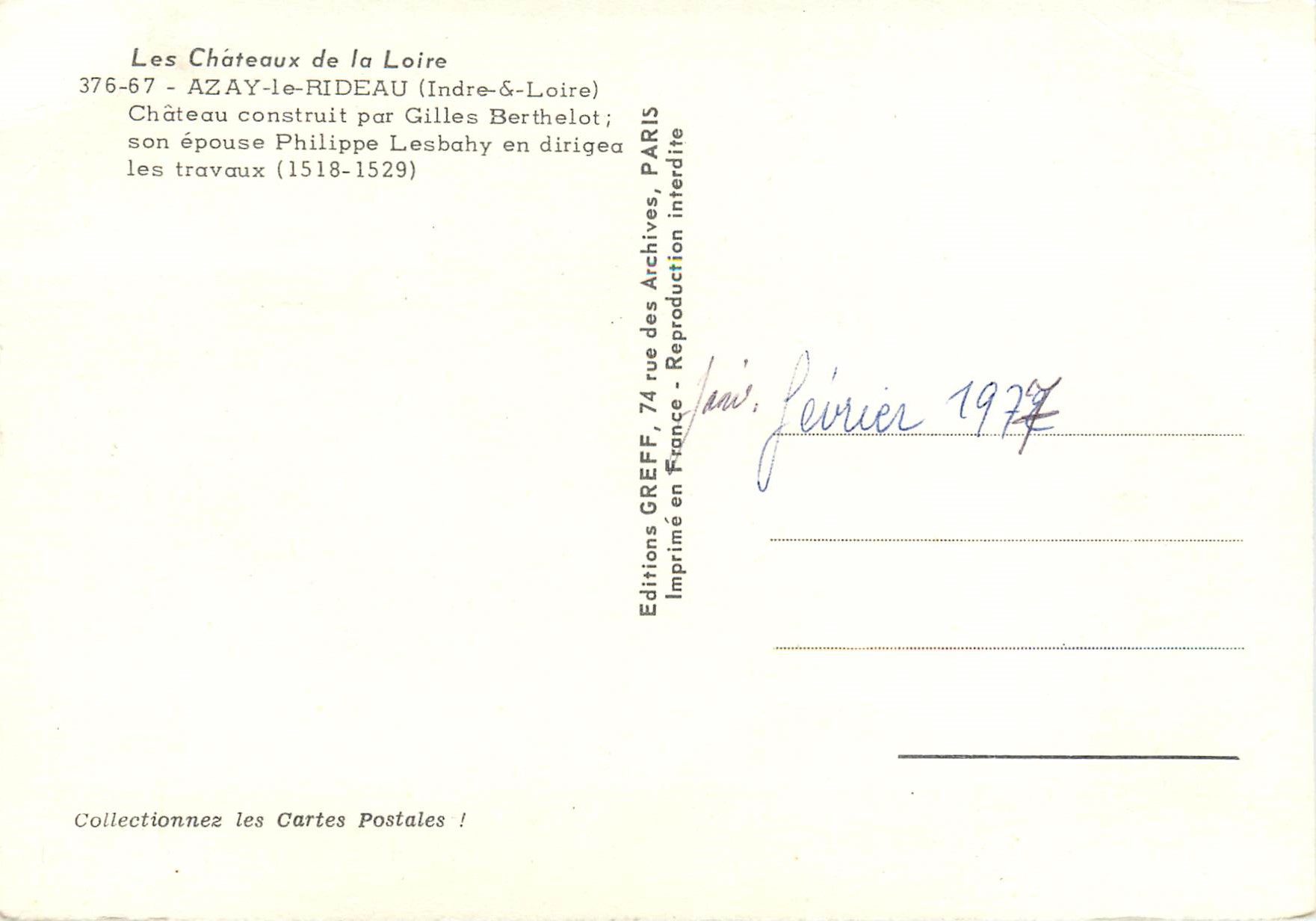 CPM Les chateaux de la Loire Azay le Rideau (I et L) chateau construit par Gilles berthelot — Verso