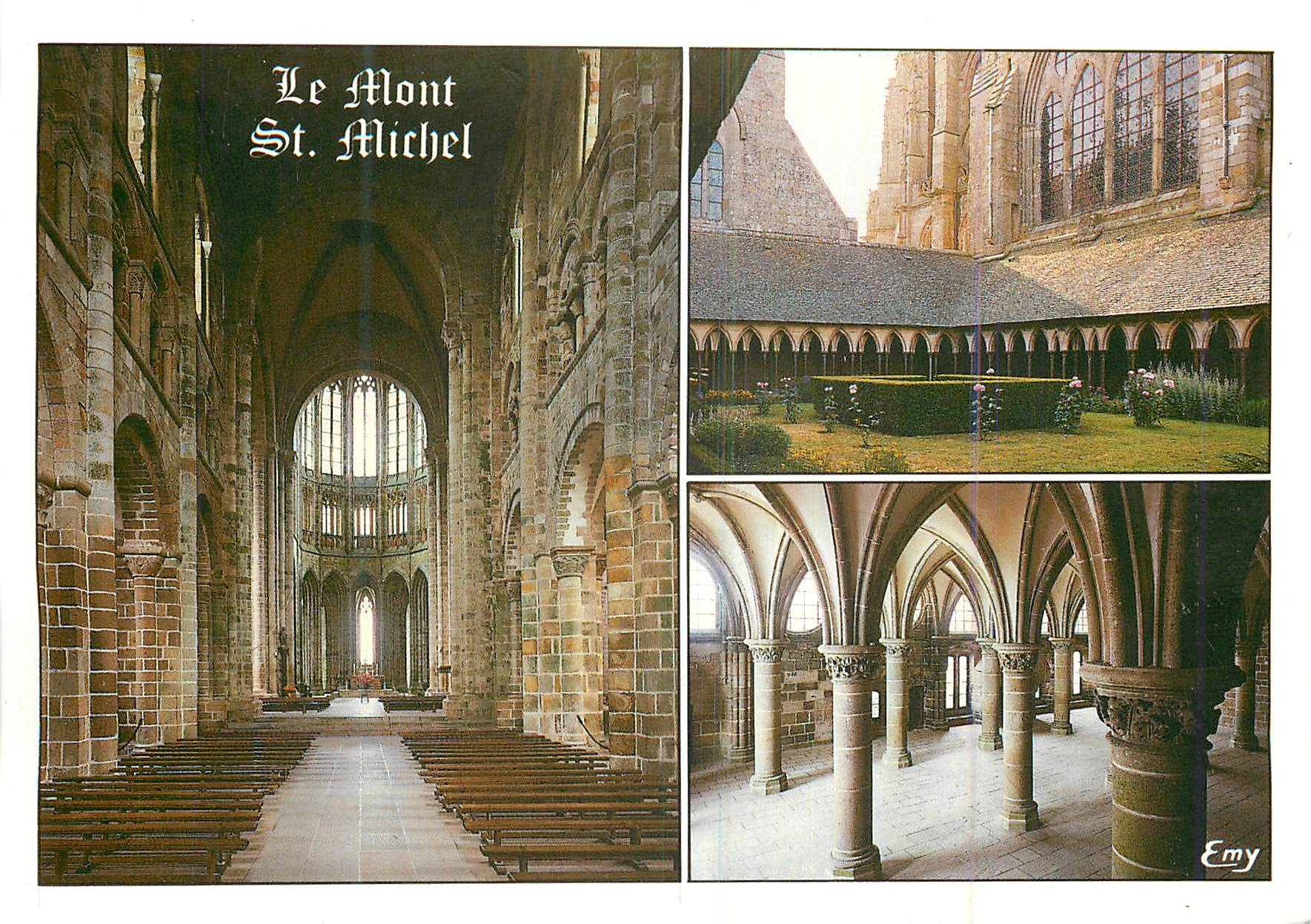 Le Mont St. Michel — Église abbatiale, nef romane, chœur gothique flamboyant, cloître — Éditeur Emy, n° de série 13187