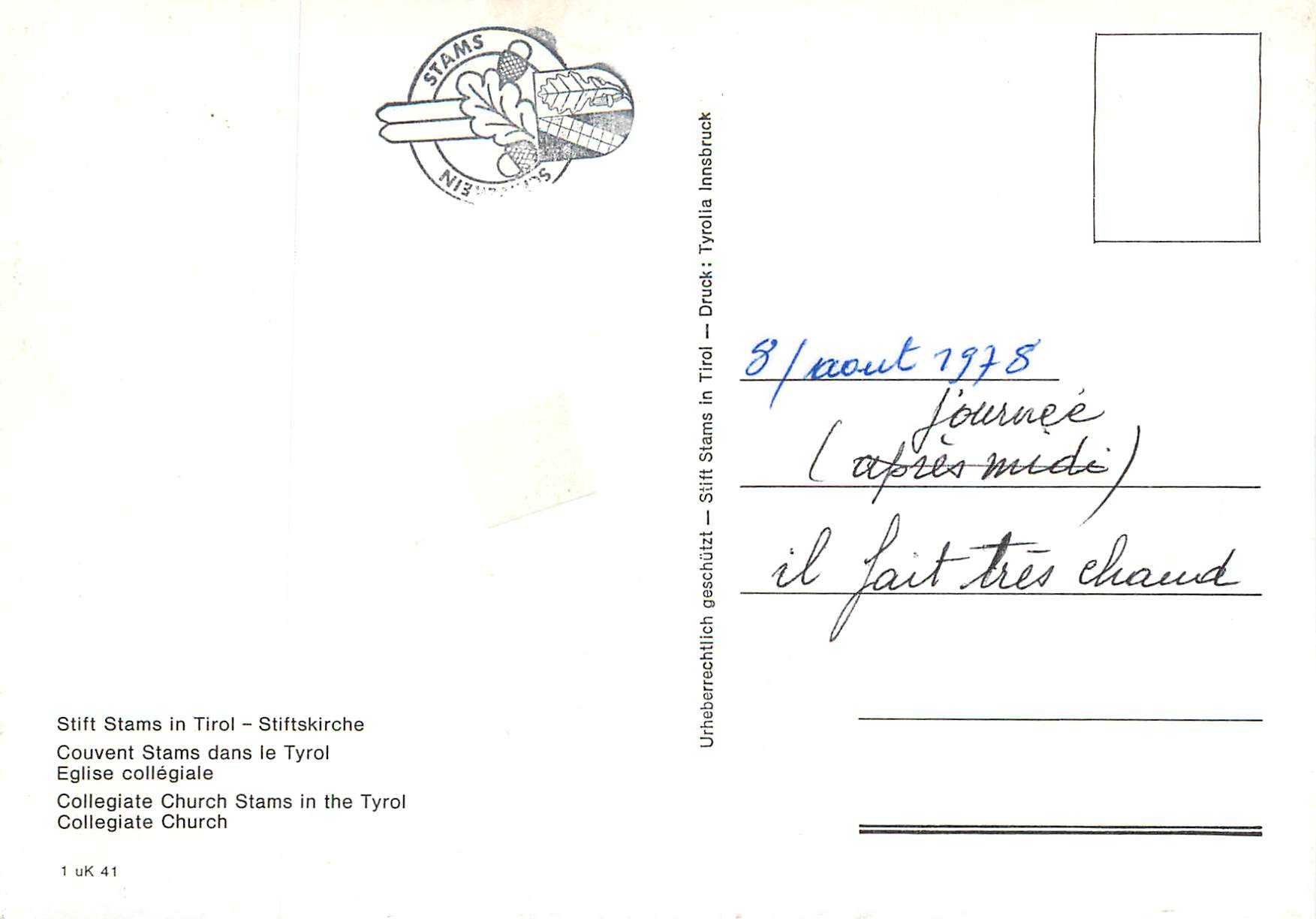 CPM Tirol stiff stams stiftskirche couvent stams dans le tyrol eglise collegiale — Rückseite