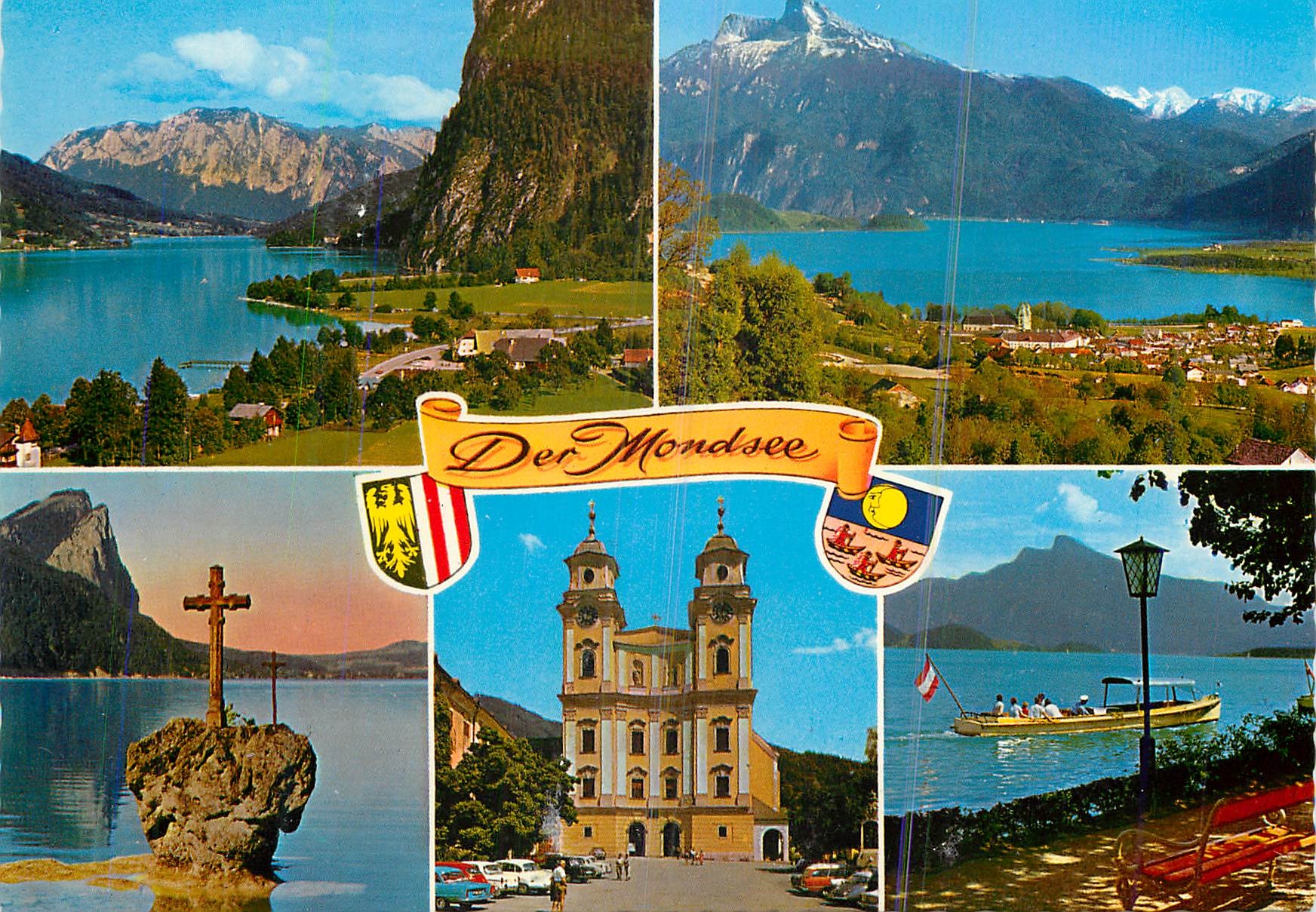 CPM Bilder oben scharfling mit hollengebirge mondsee mit schafberg 1780 und hoh dachstein 3004 m
