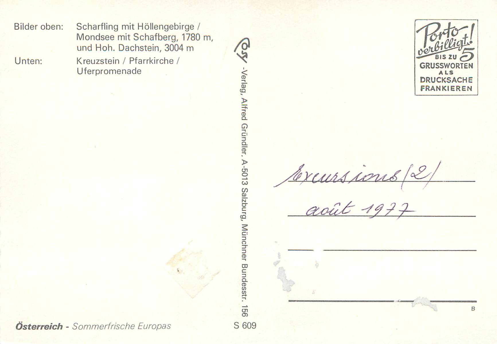 CPM Bilder oben scharfling mit hollengebirge mondsee mit schafberg 1780 und hoh dachstein 3004 m — Rückseite