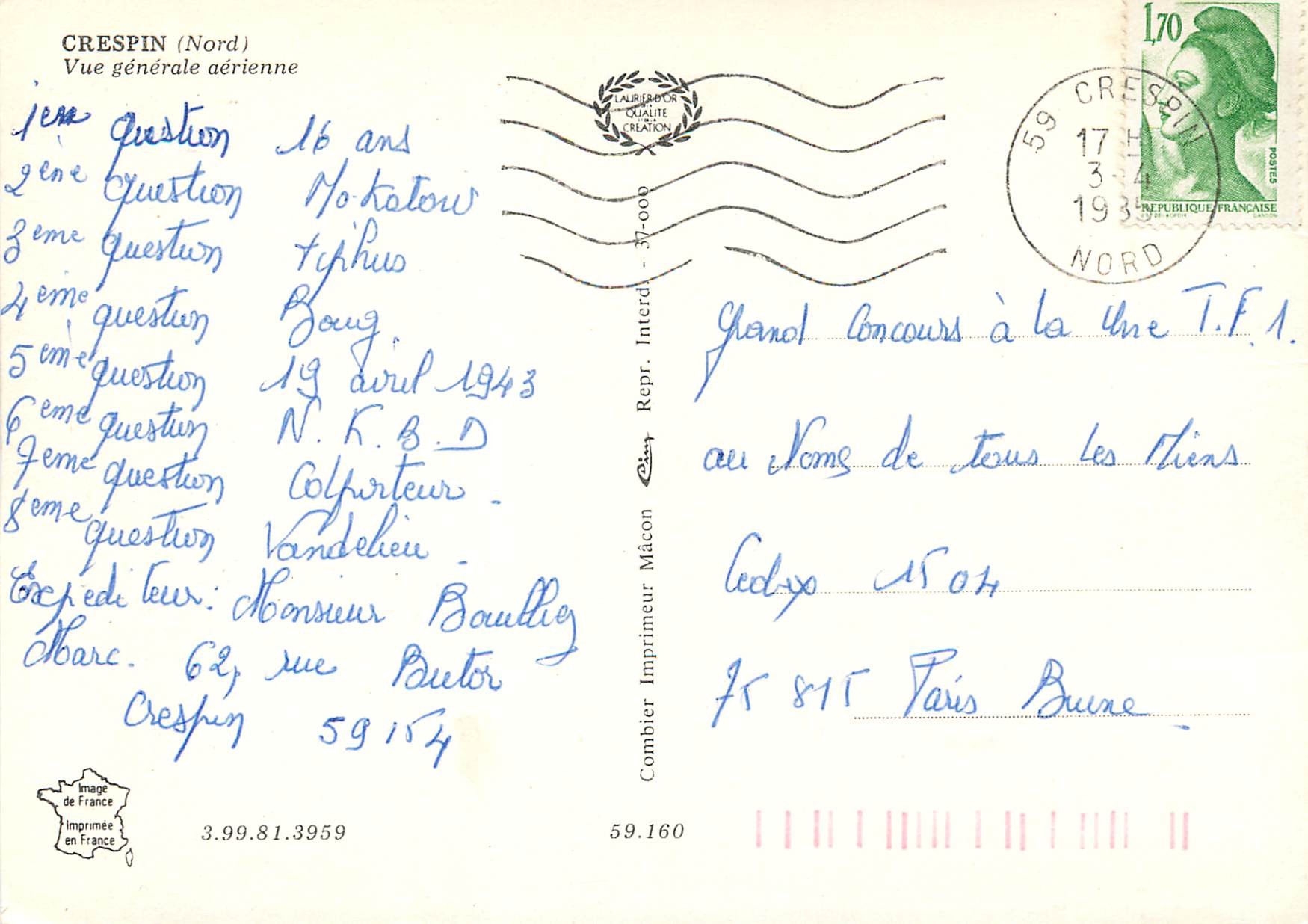 CPM Crespin (Nord) Vue generale aerienne — Rückseite