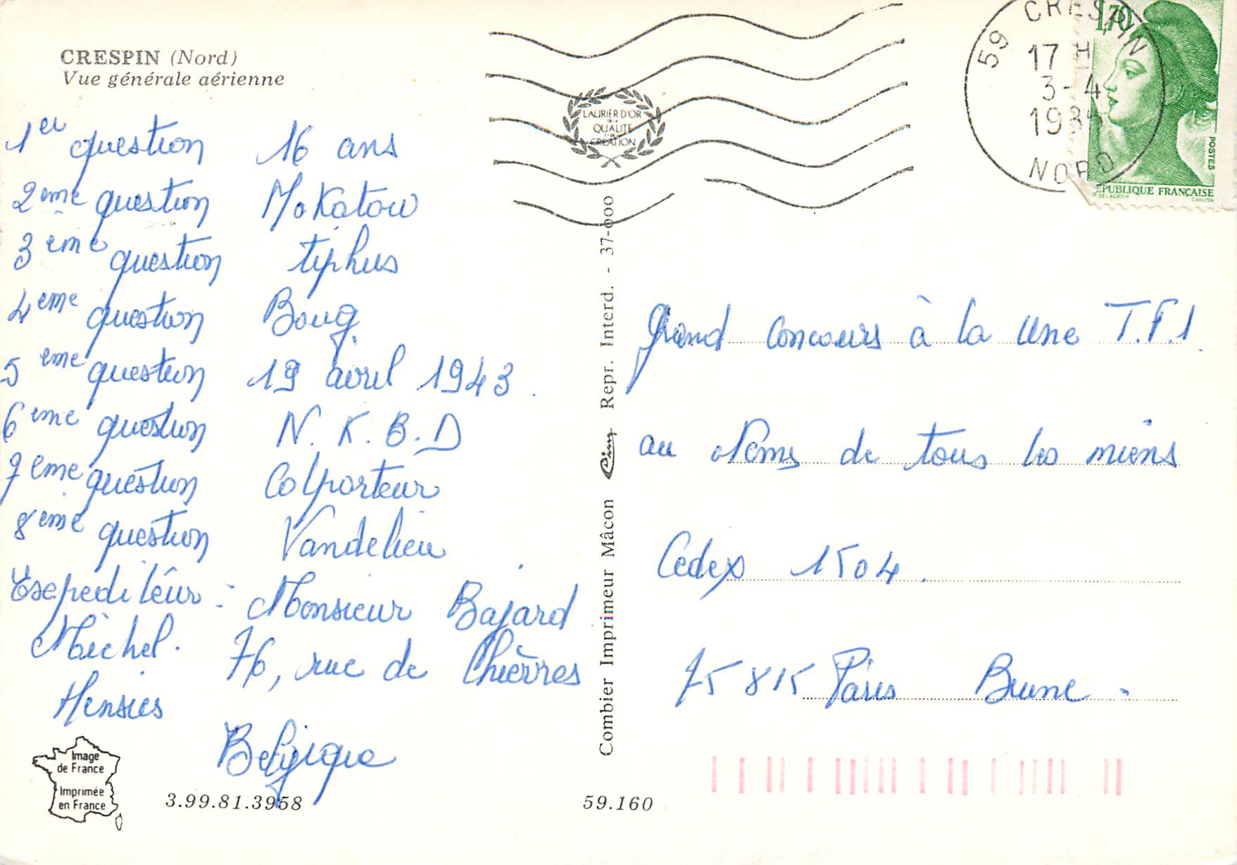 CPM Crespin (Nord) Vue generale aerienne — Rückseite