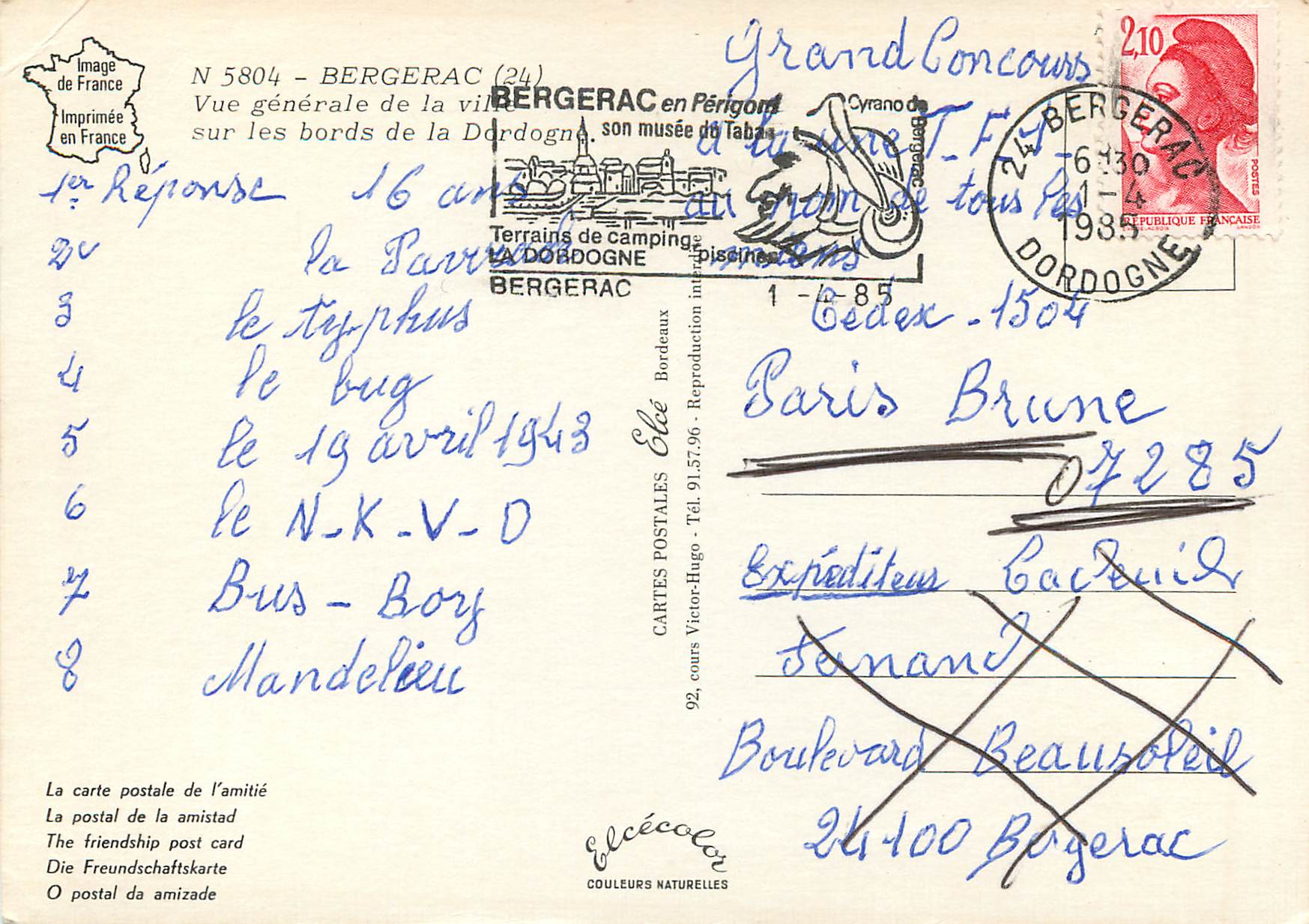 CPM Bergerac Vue generale de la Ville — Rückseite