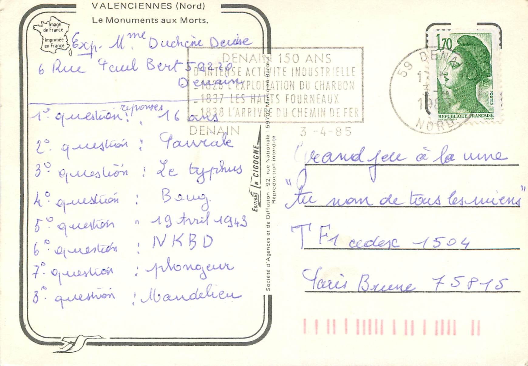 Monuments aux Morts — Valenciennes (Nord) — Éditeur Cigoone — Verso