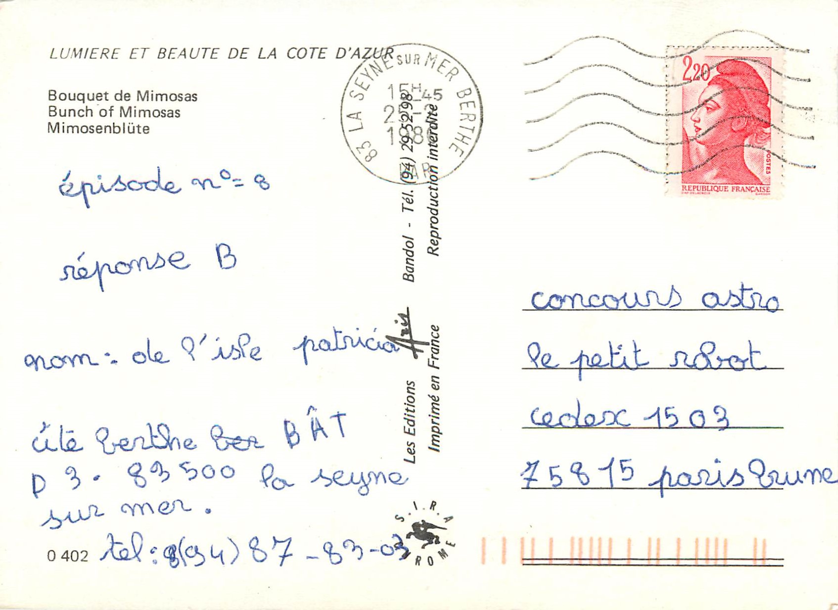 CPM Bouquet de Mimosas — Verso