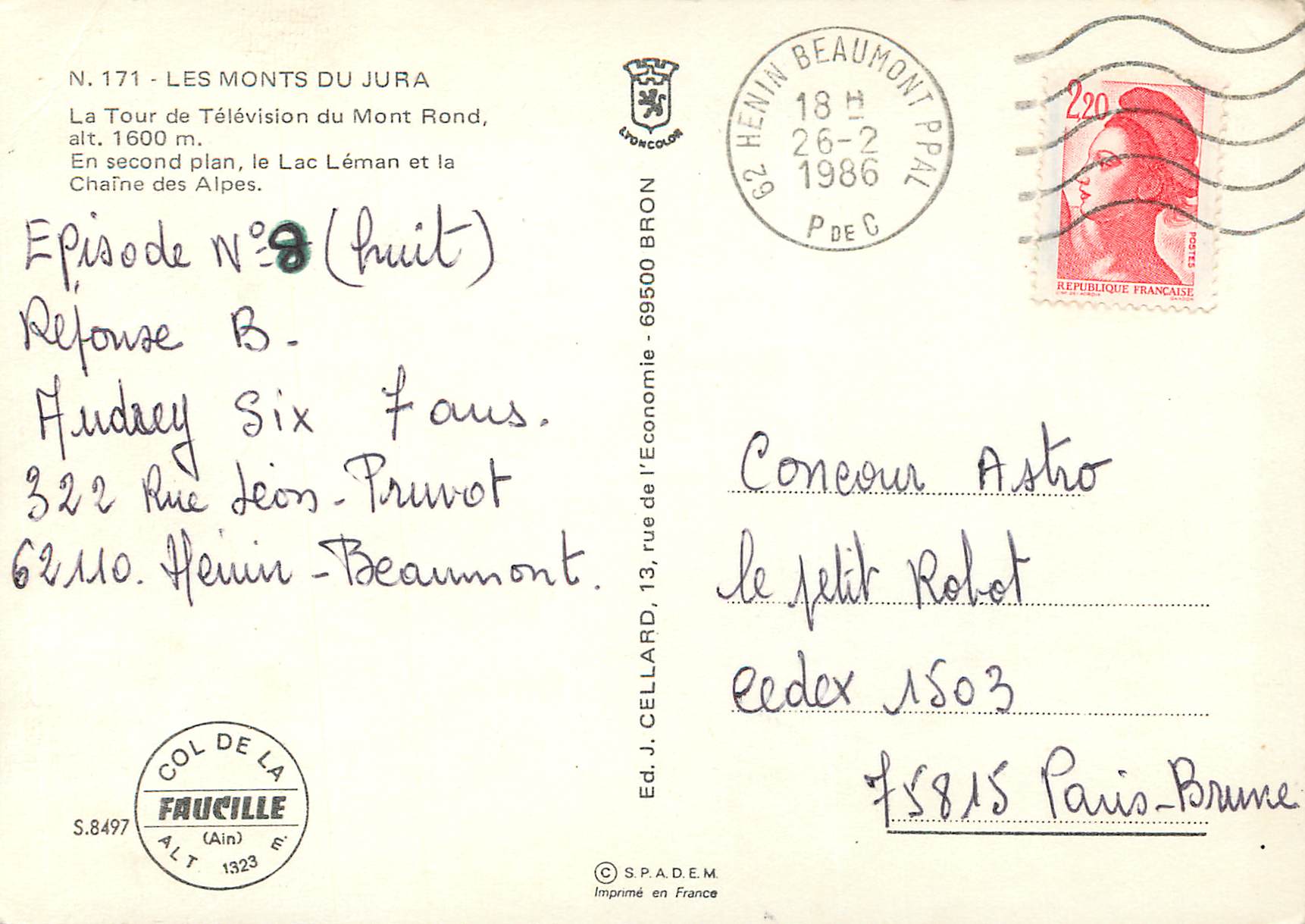 CPM Les Monts de Jura La Tour de Television du Mont Rond — Rückseite