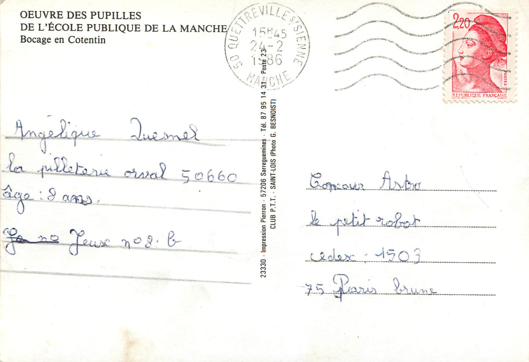 CPM Bocage en Cotentin Oeuvre des pupilles de l'Ecole Publique de la Manche Vaches — Rückseite