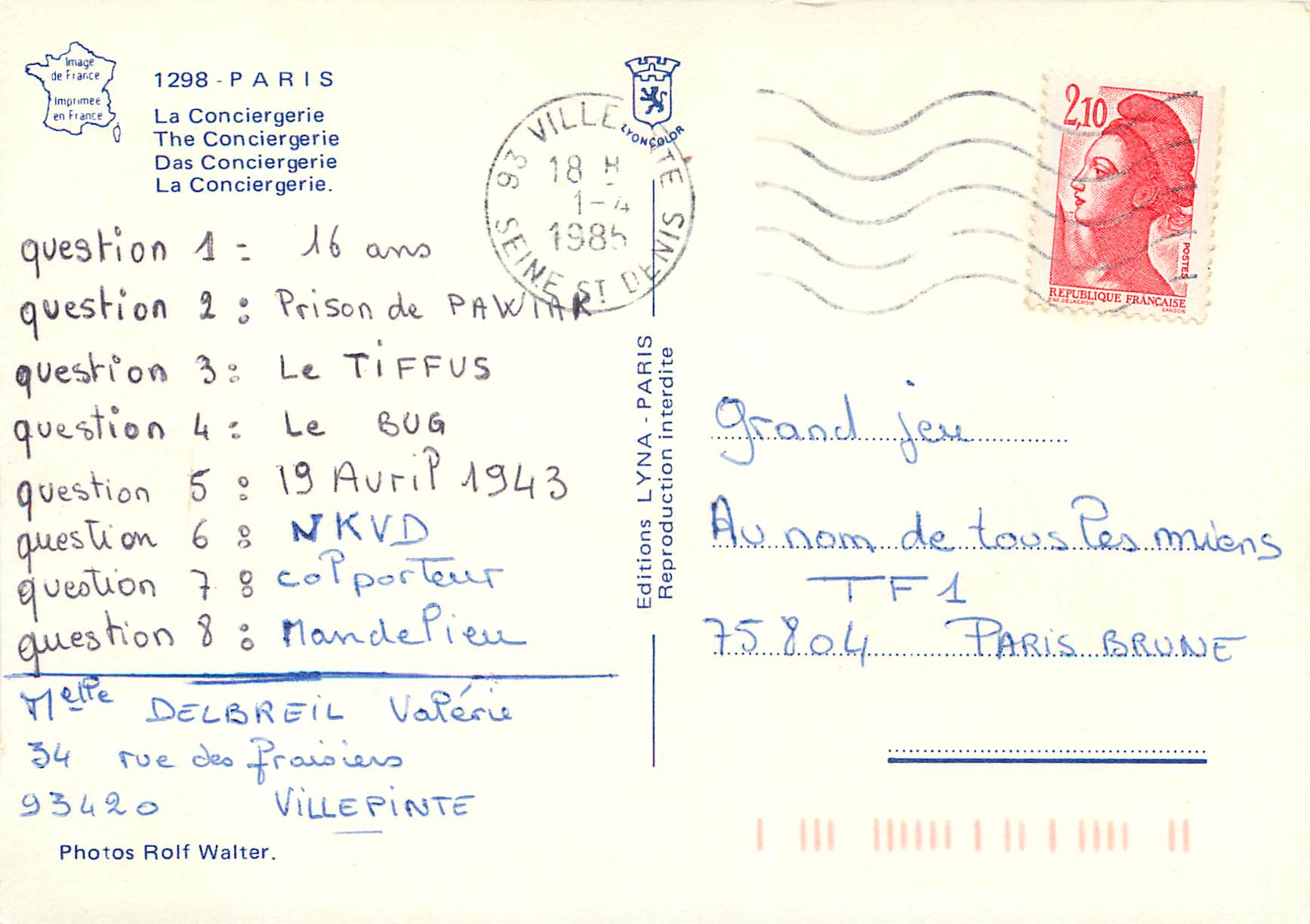 CPM Paris La Conciergerie — Rückseite