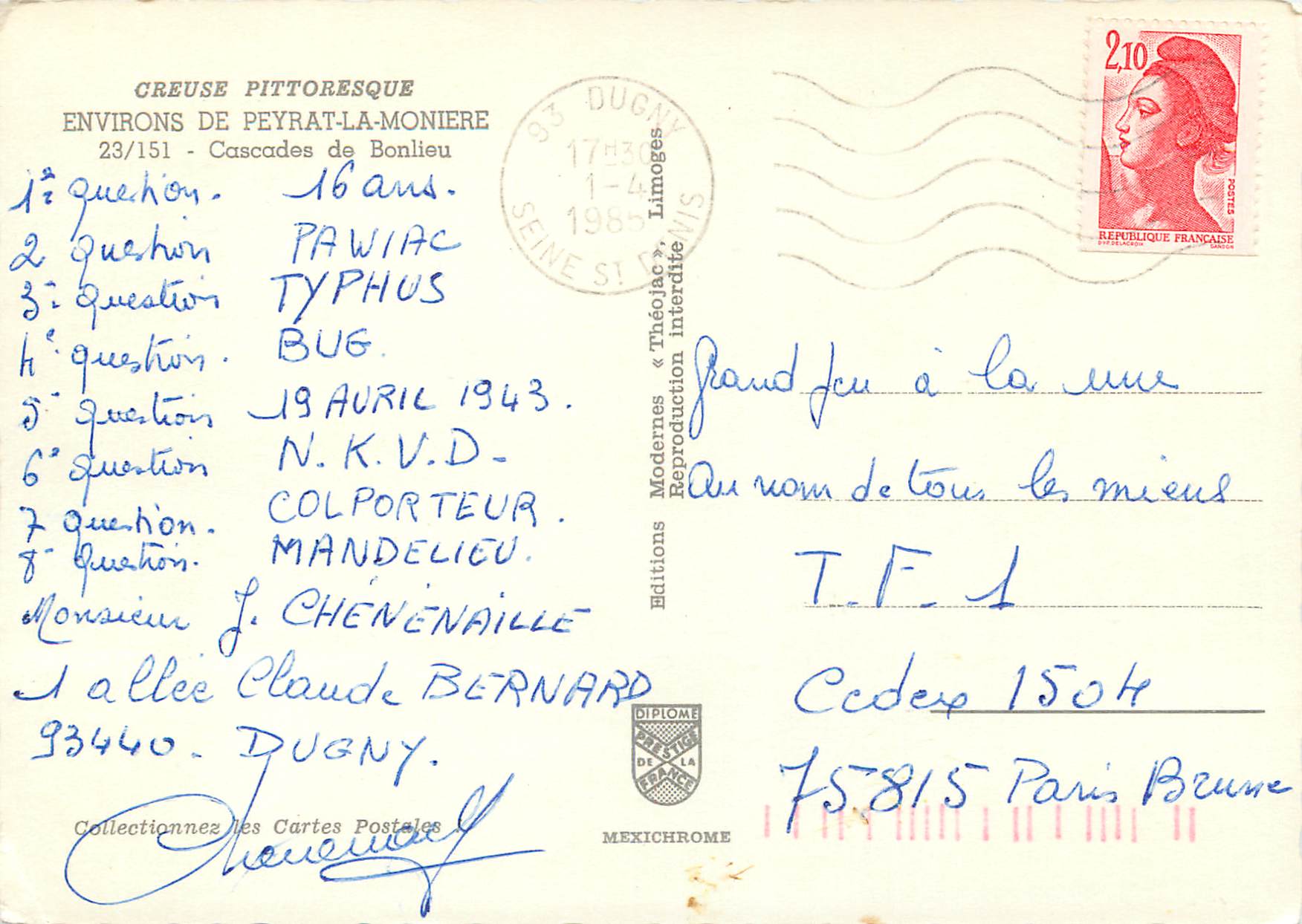 CPM Environ de Peyrat-La-Moniere Cascades de Bonlieu — Rückseite