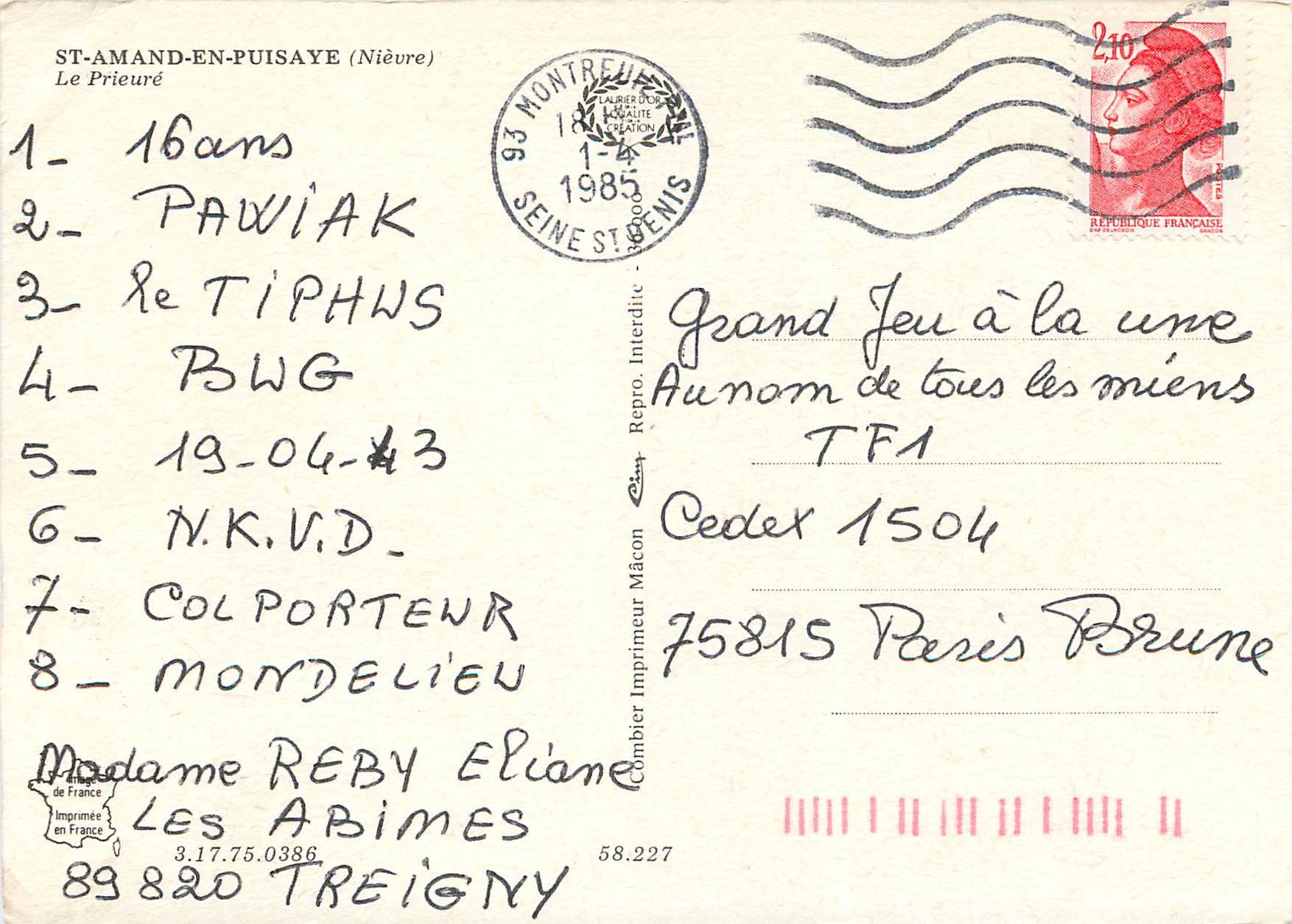 CPM St Amand en Puisaye (Nievre) Le Prieure — Rückseite