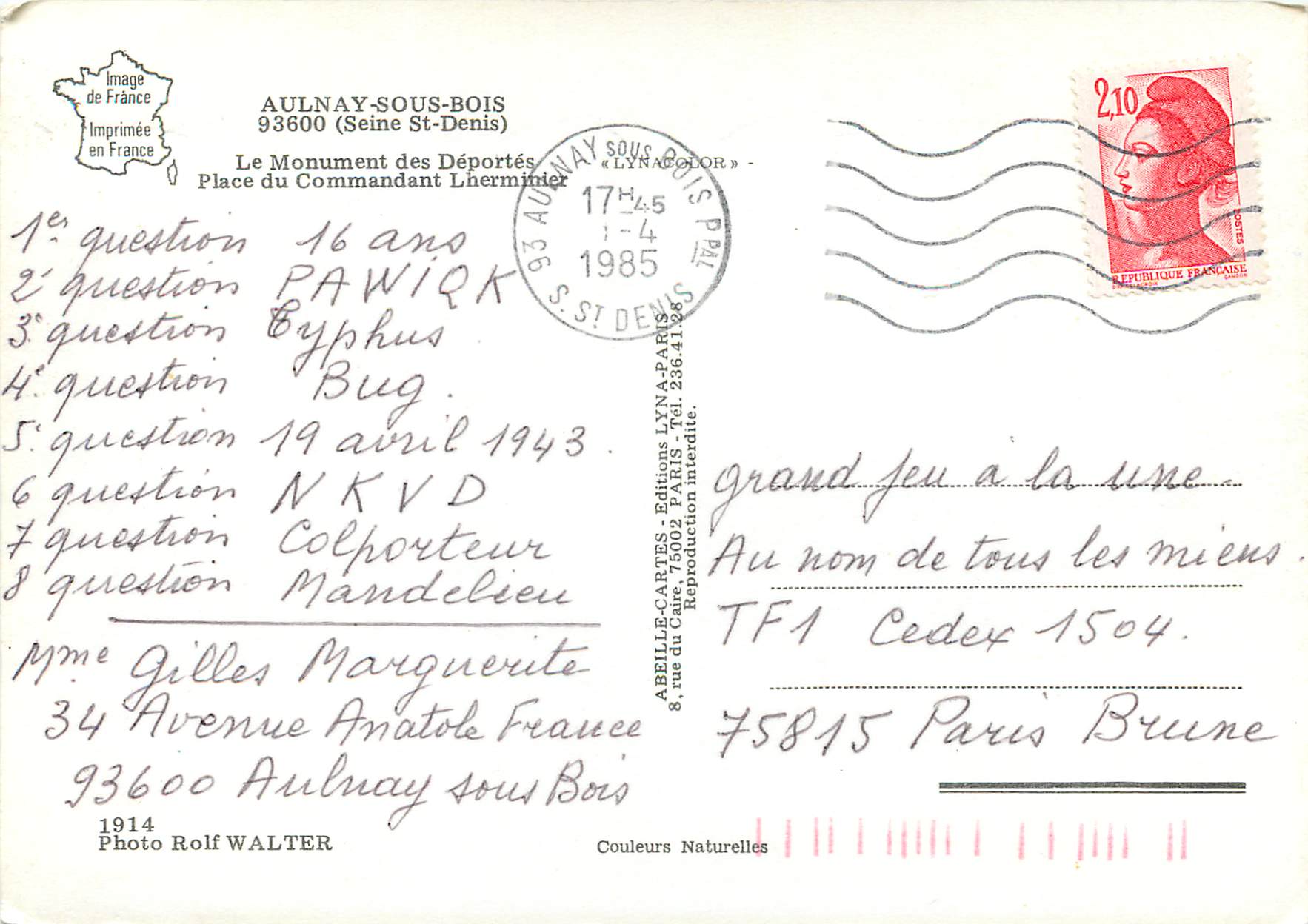 CPM Aulnay-Sous-Bois Le Monument des Deportes Place du Commandant Laerminier — Back